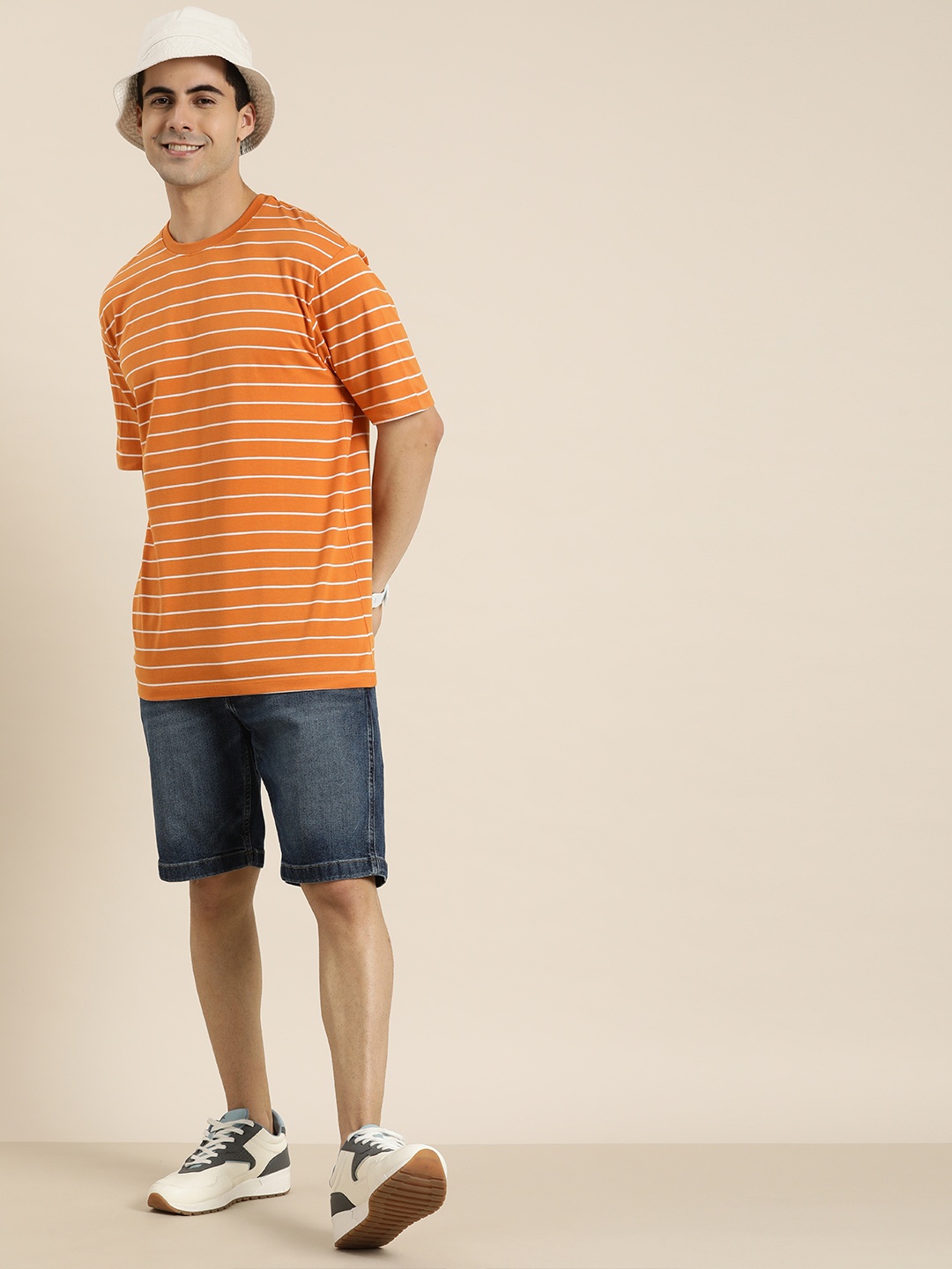 

HERE&NOW Men Striped Round Neck Knitted T-shirt, Orange