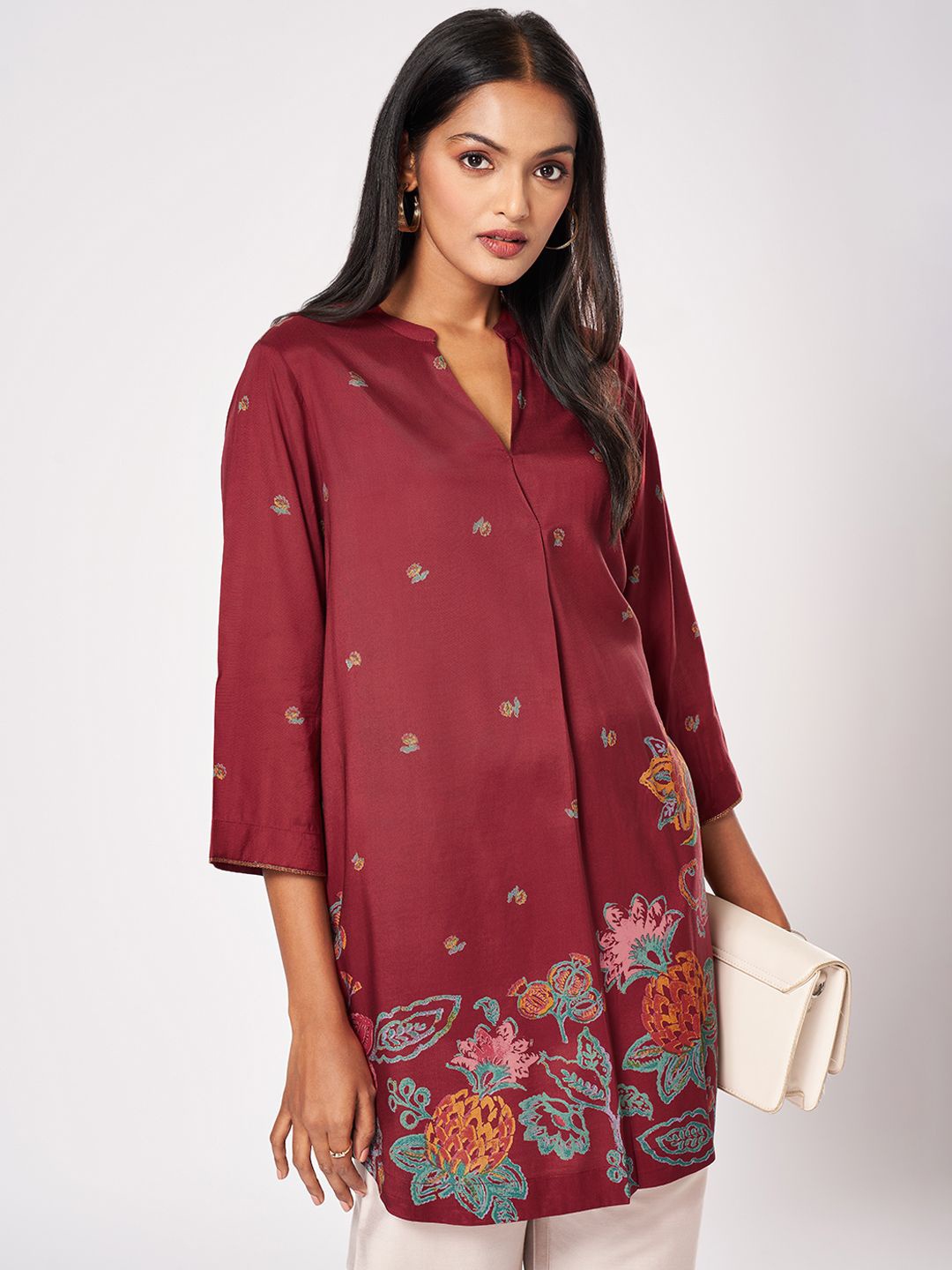 

Marigold Lane Mandarin Collar Printed Tunic, Red