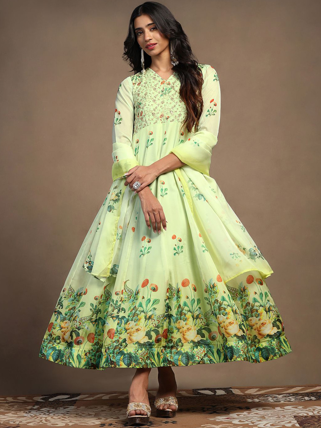 

BAESD Printed Maxi Ethnic Dress With Dupatta, Green