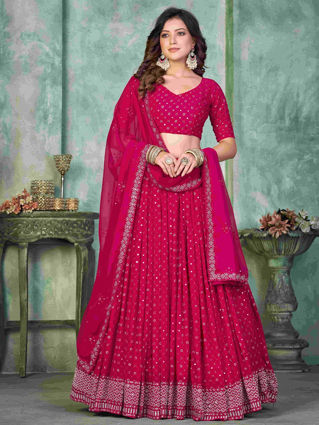 

KALINI Embroidered V-Neck Semi Stitched Lehenga & Unstitched Blouse With Dupatta, Pink
