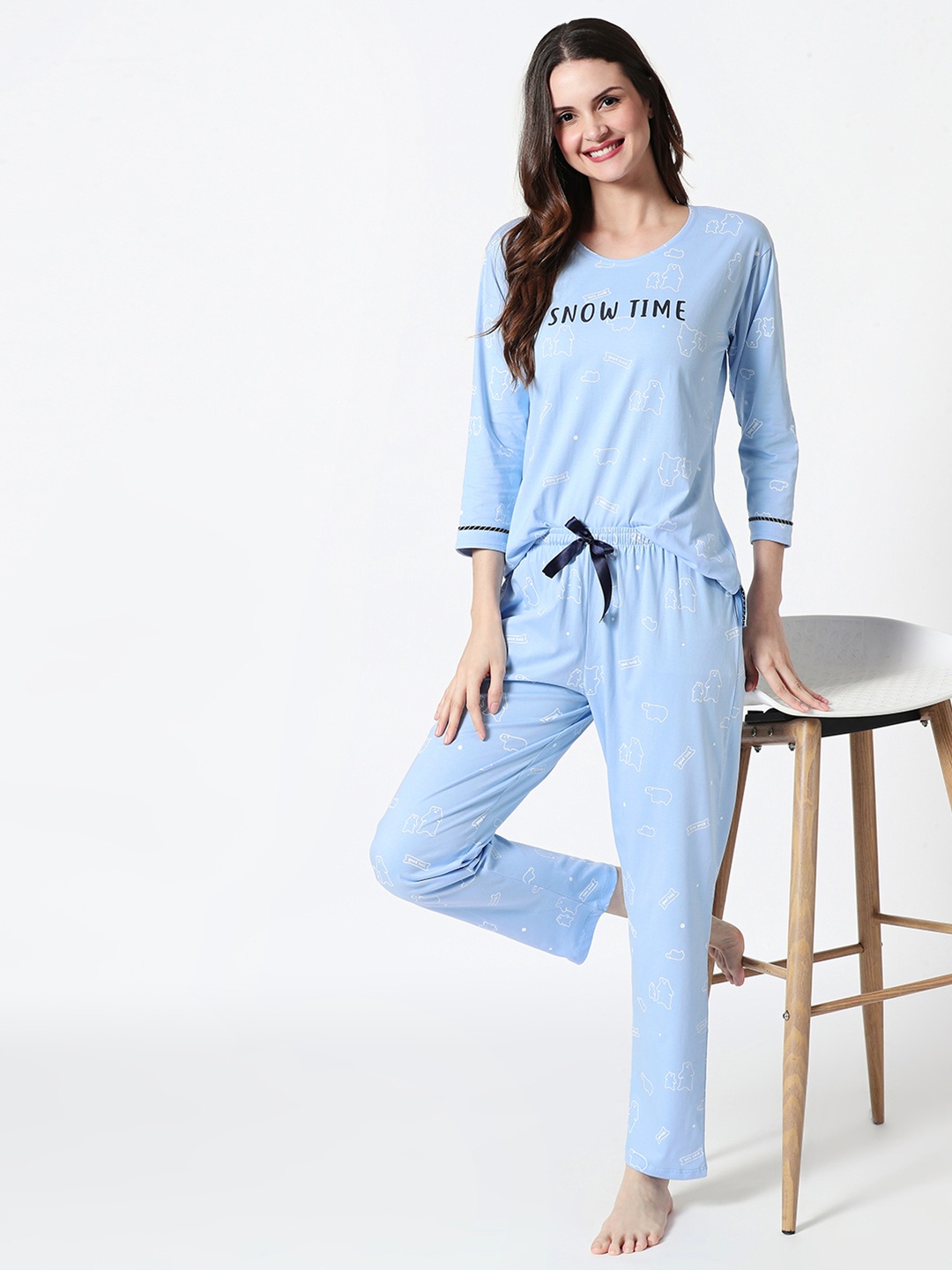 

Zeyo Women Blue Pure Cotton Night Suit