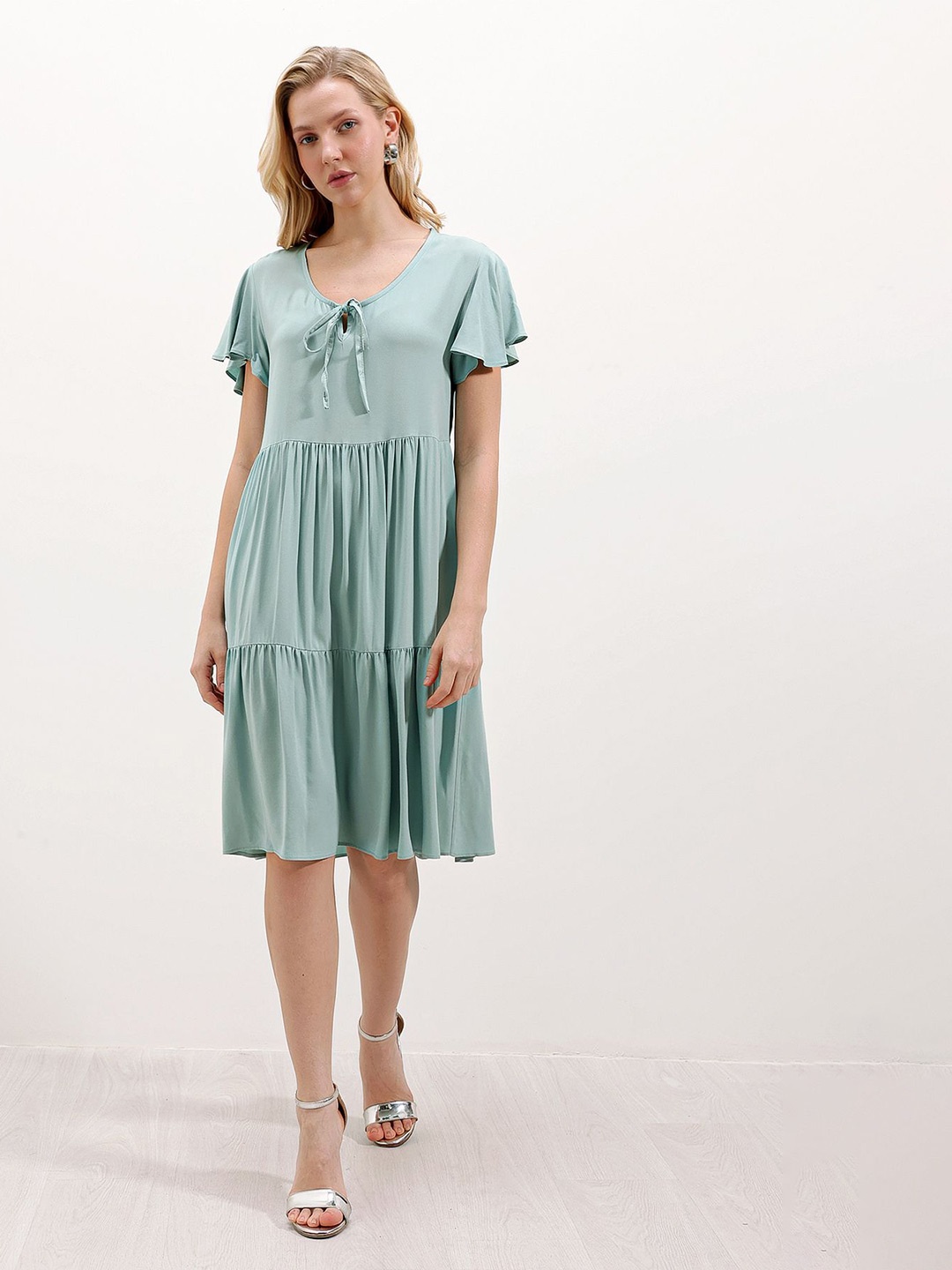 

BIGDART Tie-Up Neck Tiered A-Line Dress, Sea green