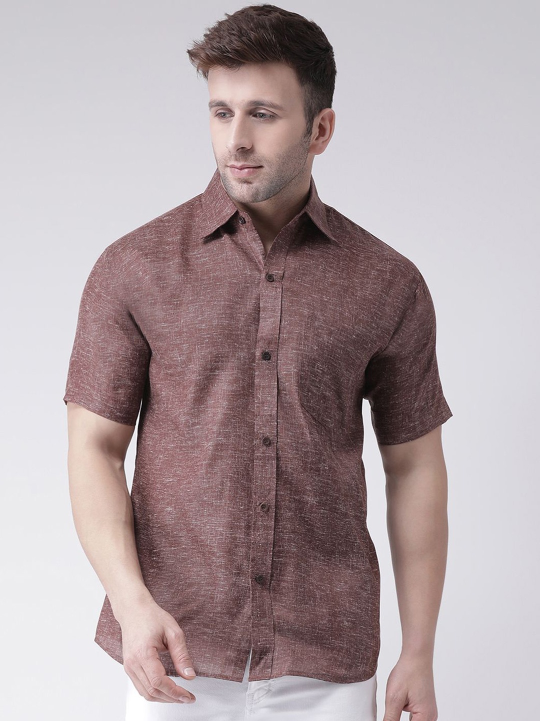 

KLOSET BY RIAG Men Classic Spread Collar Solid Cotton Linen Casual Shirt, Brown