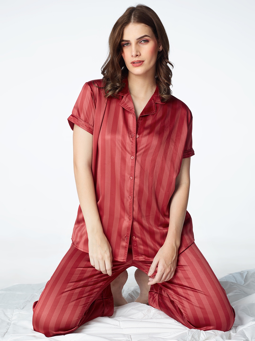 

Zeyo Women Striped Satin Night suit, Red