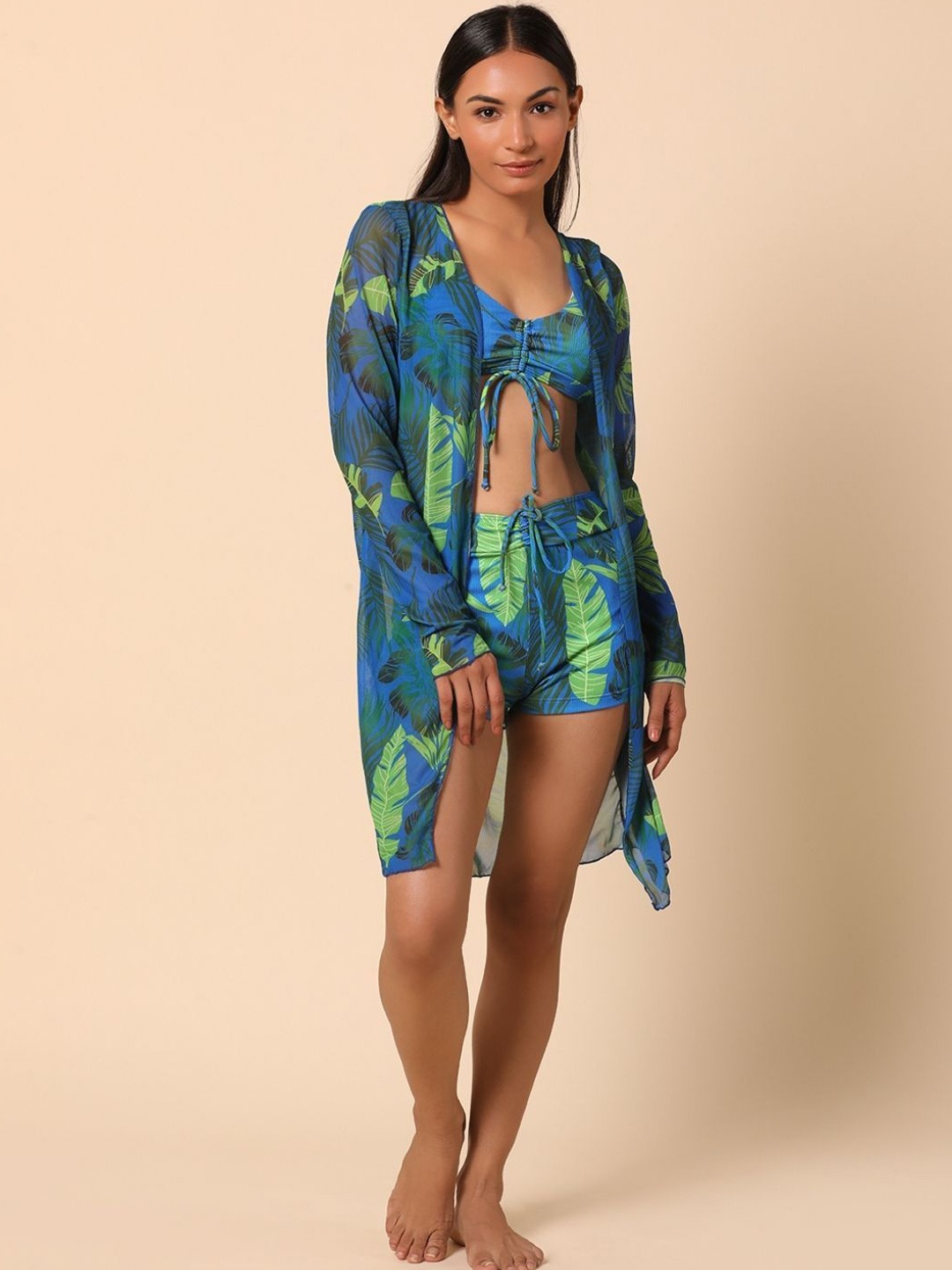 

WomanLikeU Tropical Printed Tankini Set With Shrug, Blue