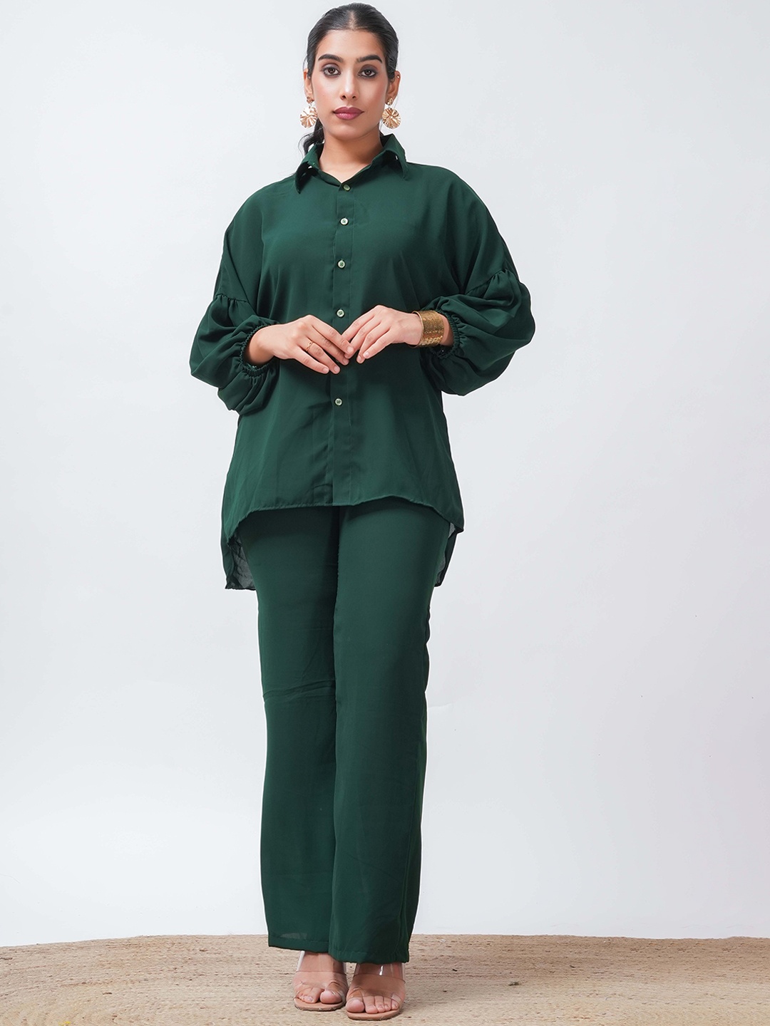 

Salvia Sky Loose Fit Georgette Shirt With Trousers, Green
