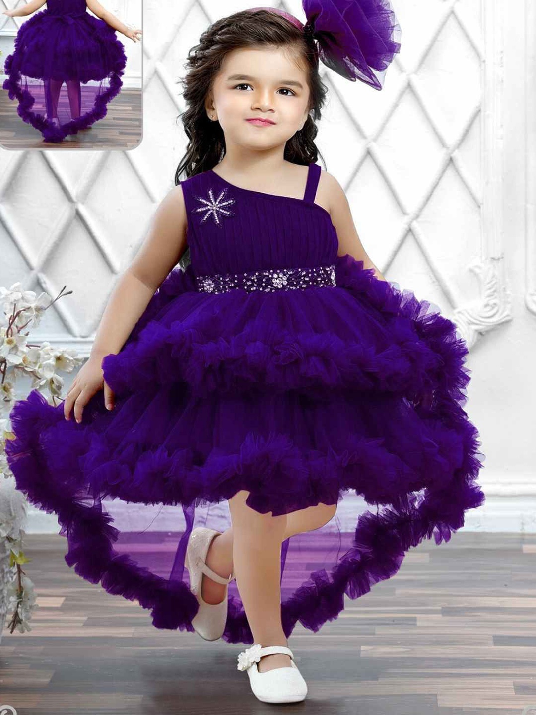 

Lagorii Girls Asymmetric Neck Ruffled Net Fit & Flare Dress, Violet