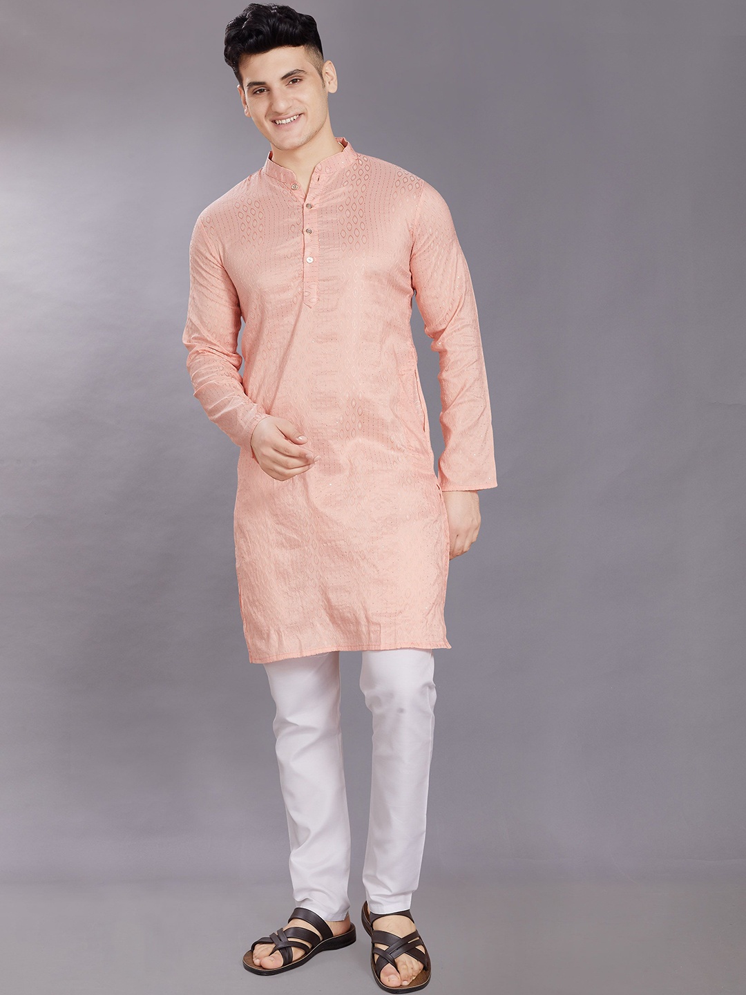 

DIVISIVE Geometric Woven Design Sequinned Jacquard Art Silk Straight Kurta, Peach