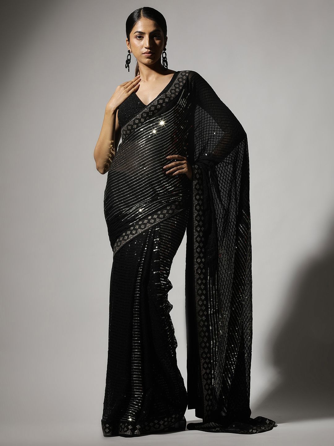 

Qahal Striped Sequinned Pure Georgette Saree, Black