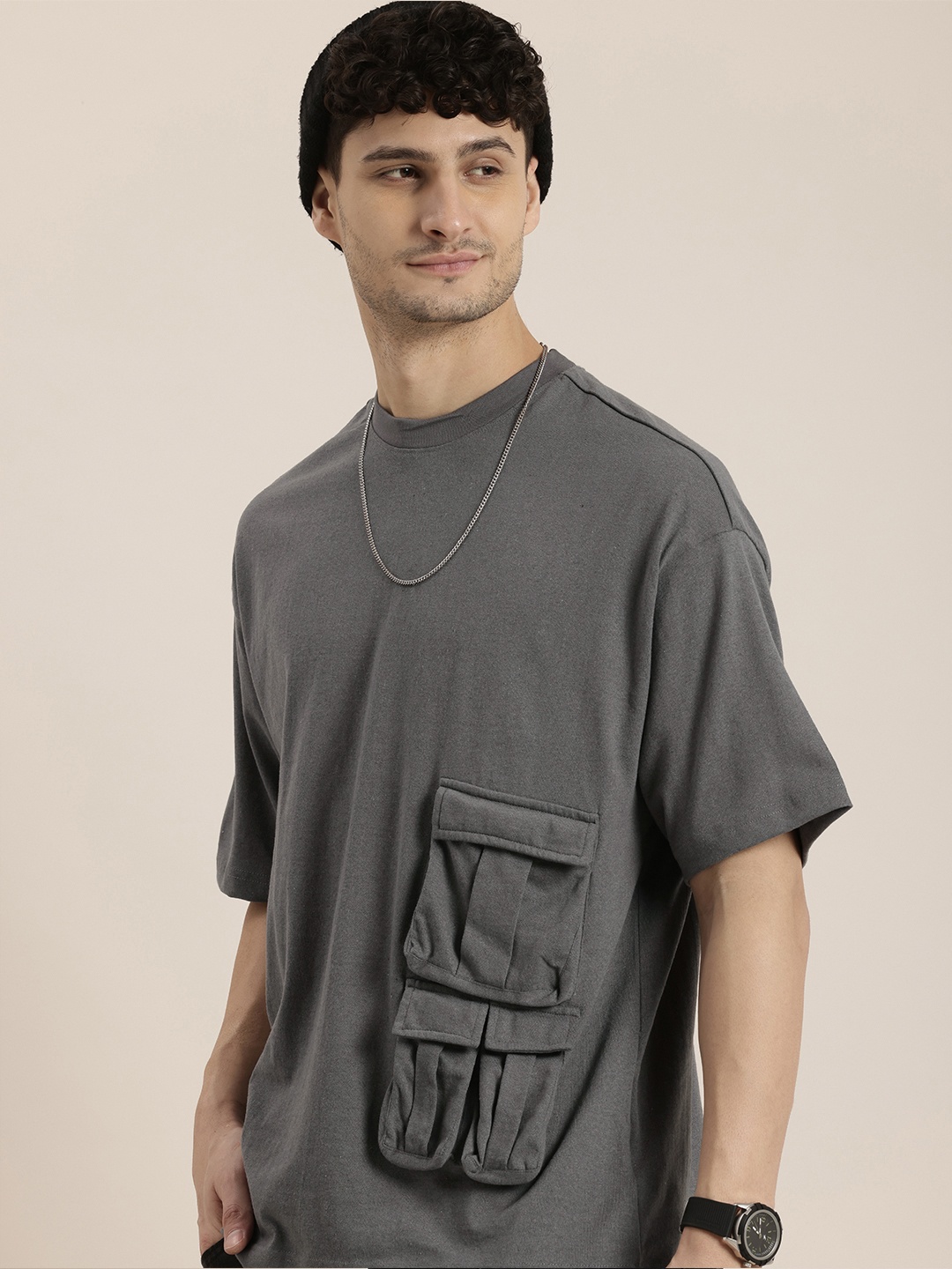 

HERE&NOW Drop-Shoulder Sleeves Pockets Relaxed Fit T-shirt, Grey
