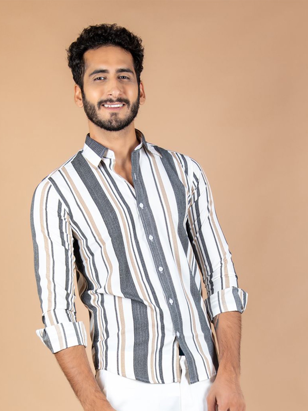 

Tistabene Men Standard Spread Collar Striped Crepe Casual Shirt, Beige