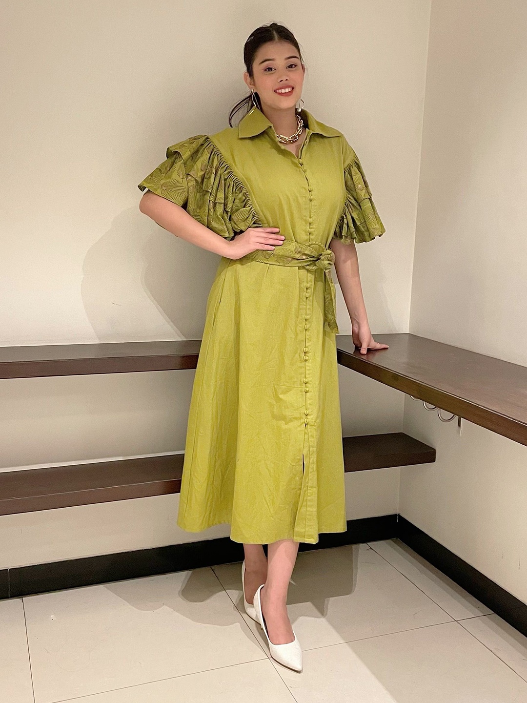 

JORASA Solid Ruffle Cotton Shirt Dress, Green