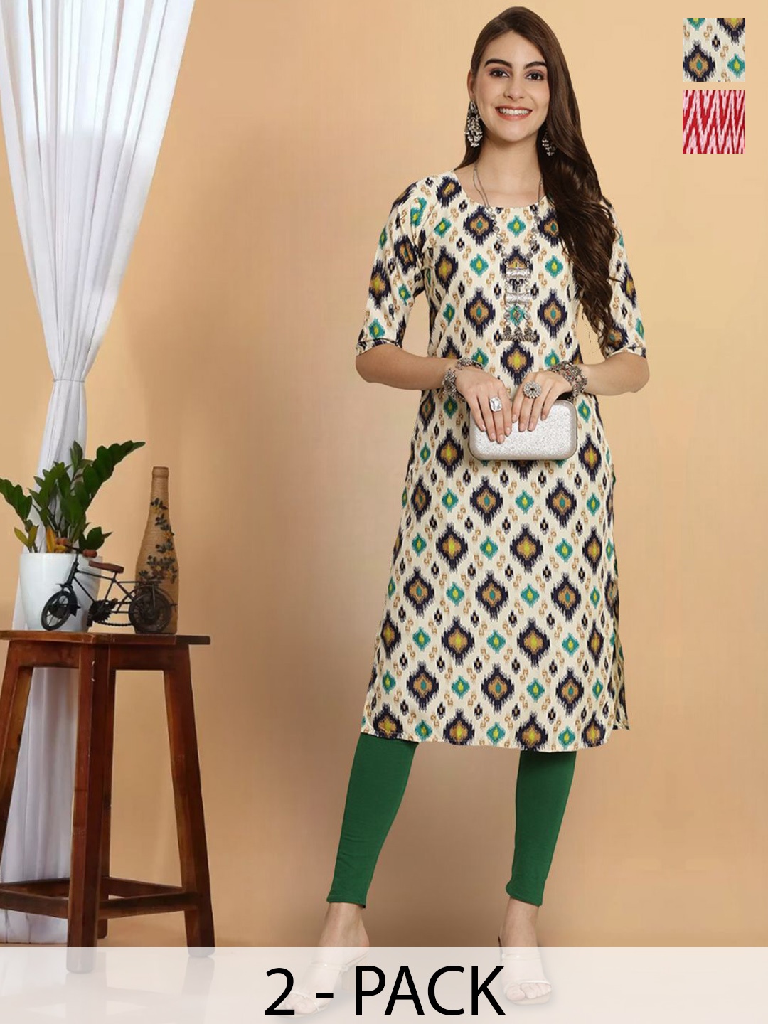 

7Threads Pack Of 2 Geometric Printed Round Neck Short Sleeves Straight Kurta, White