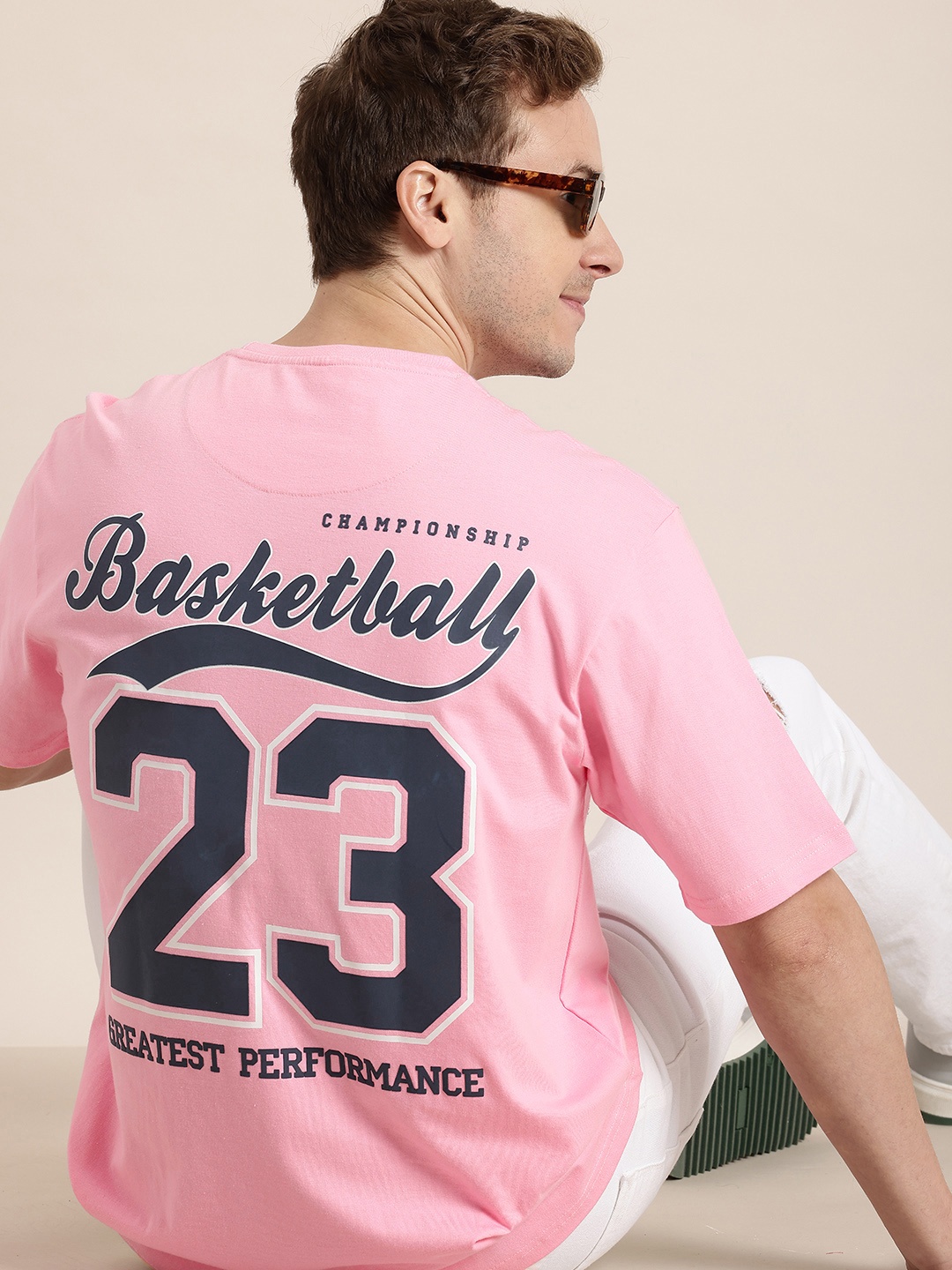 

HERE&NOW Men Typography Printed Oversized Drop-Shoulder Sleeves Pure Cotton T-shirt, Pink