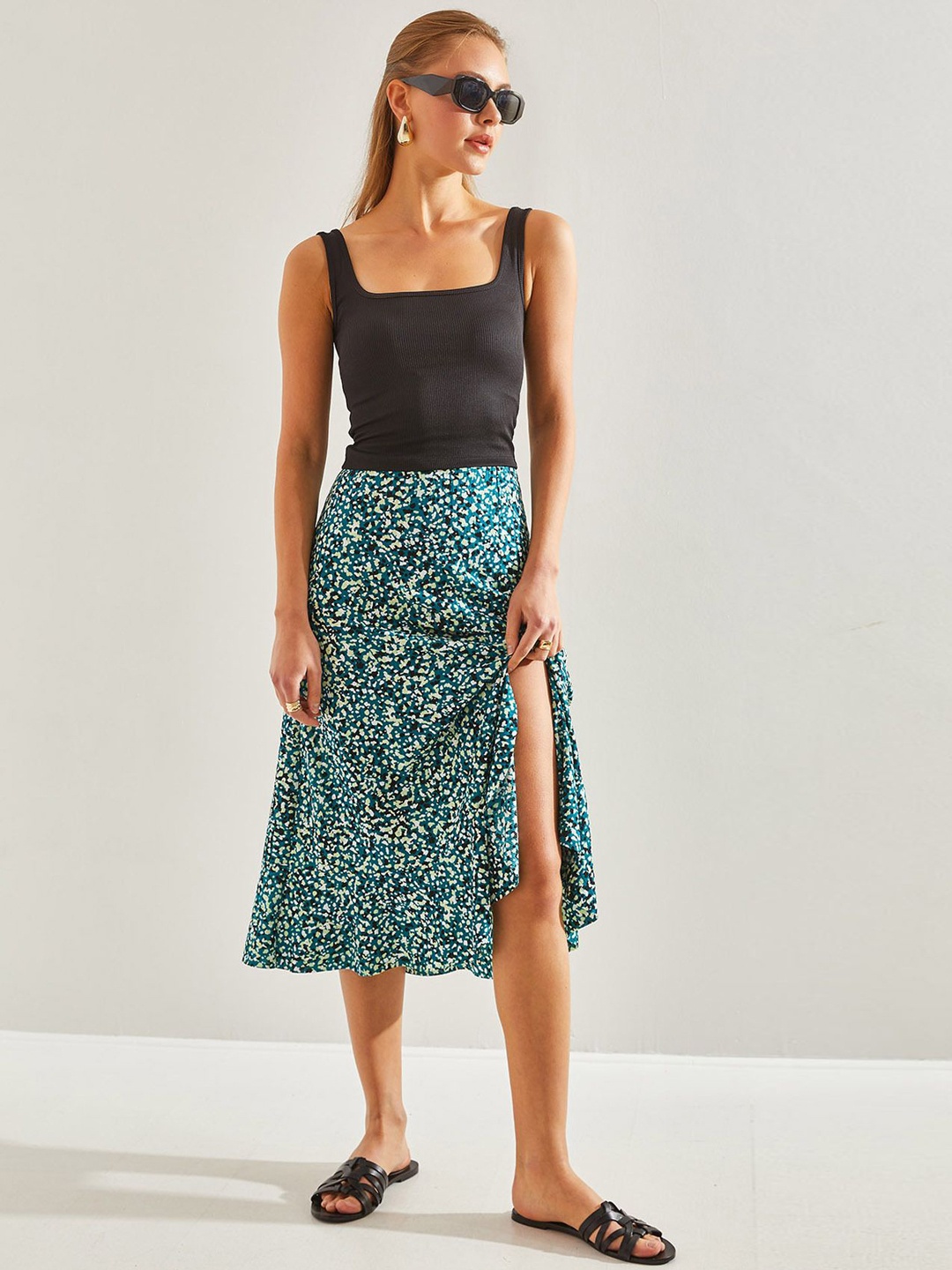 

BIANCO LUCCI Printed Flared Midi Skirts, Blue