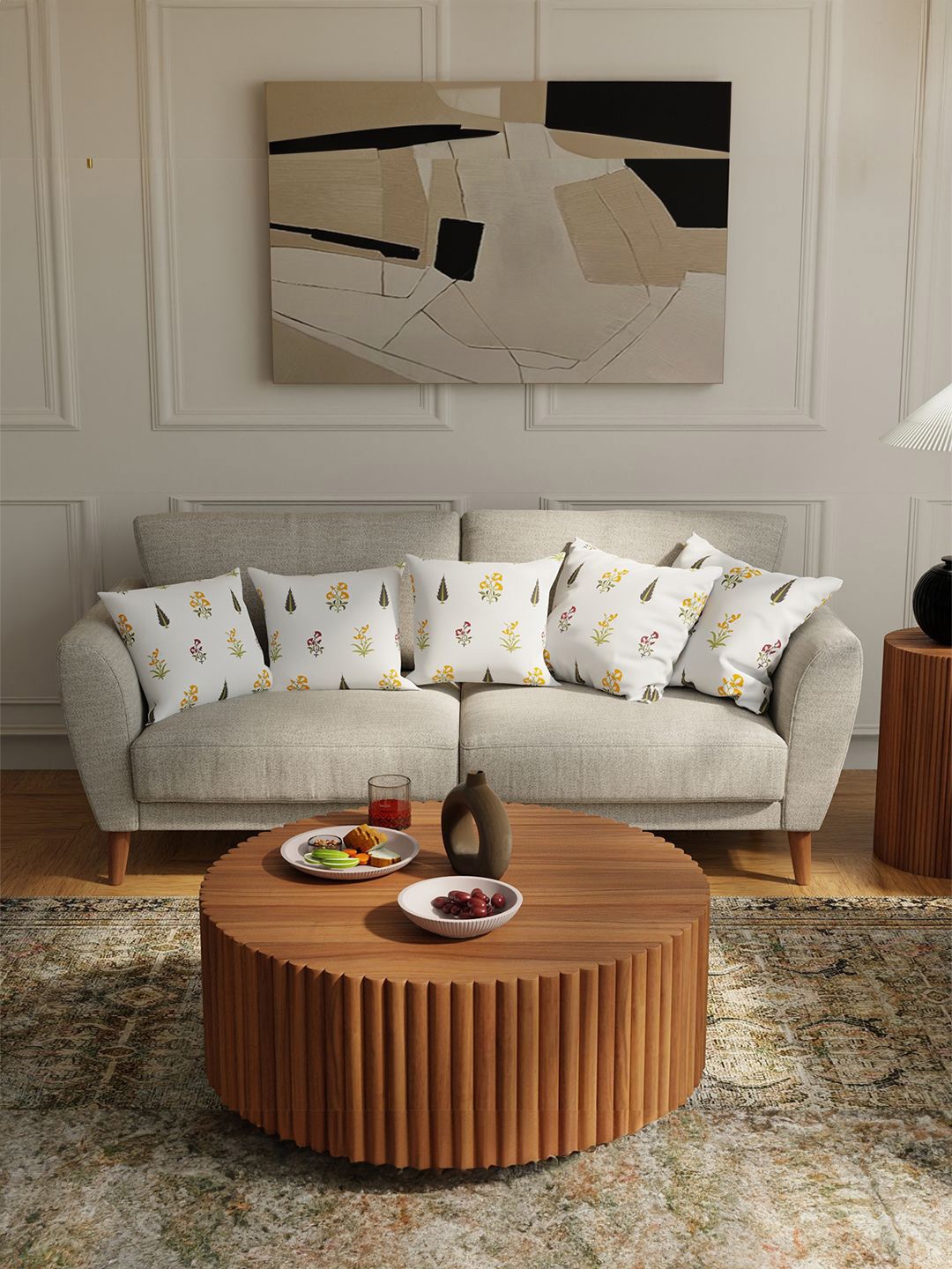 

URBAN SPACE White & Yellow 5 Pieces Floral Printed Cotton Square Cushion Covers