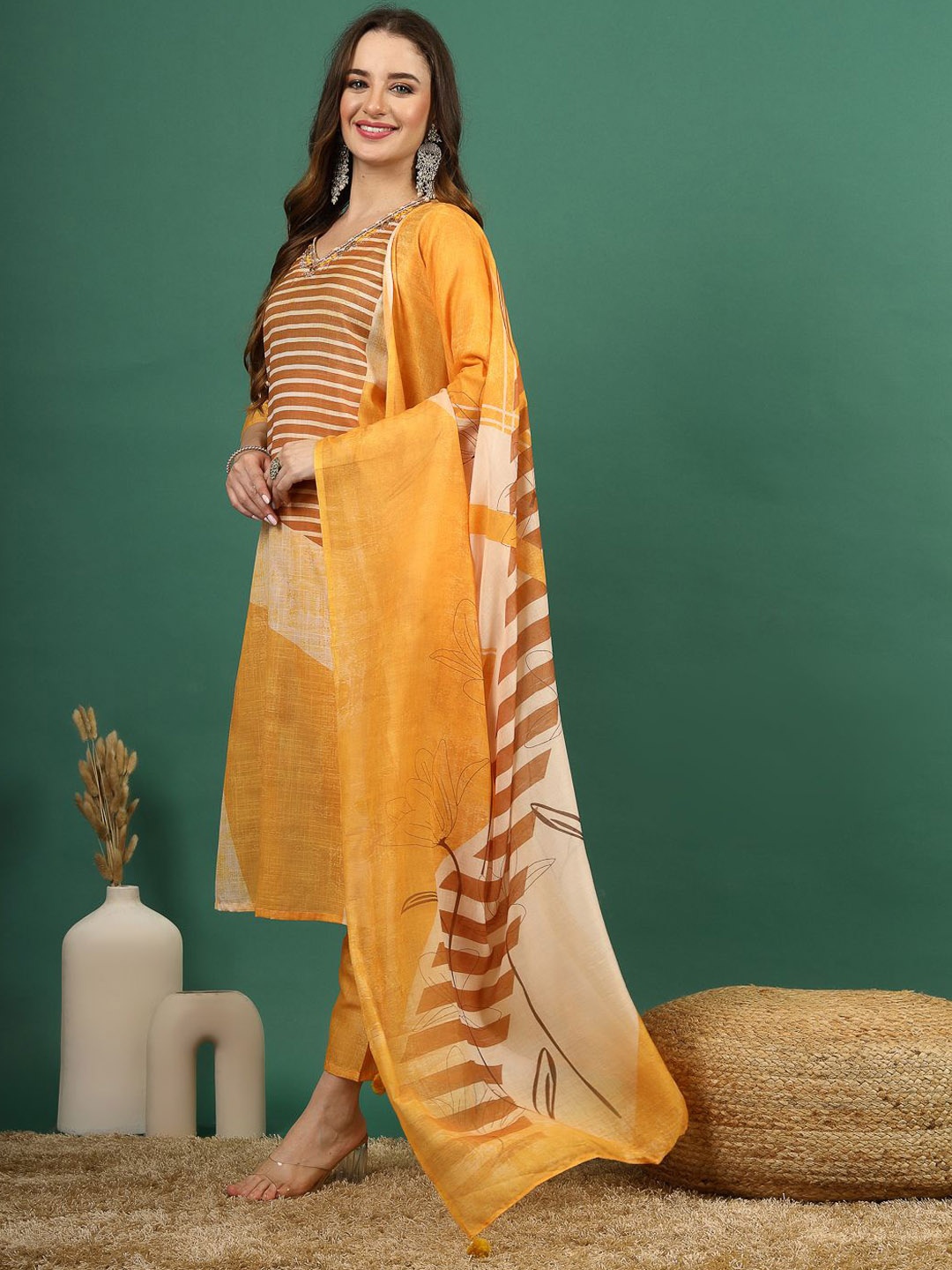 

Ramas Geometric Printed V Neck Straight Kurta & Trousers With Dupatta, Mustard