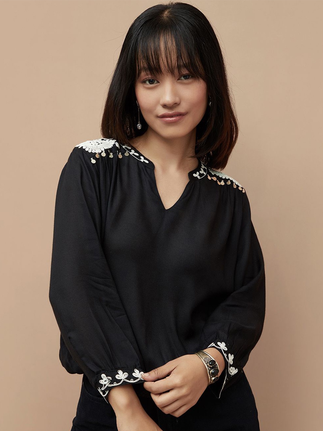 

Colour Me by Melange Embroidered Mandarin Collar Top, Black