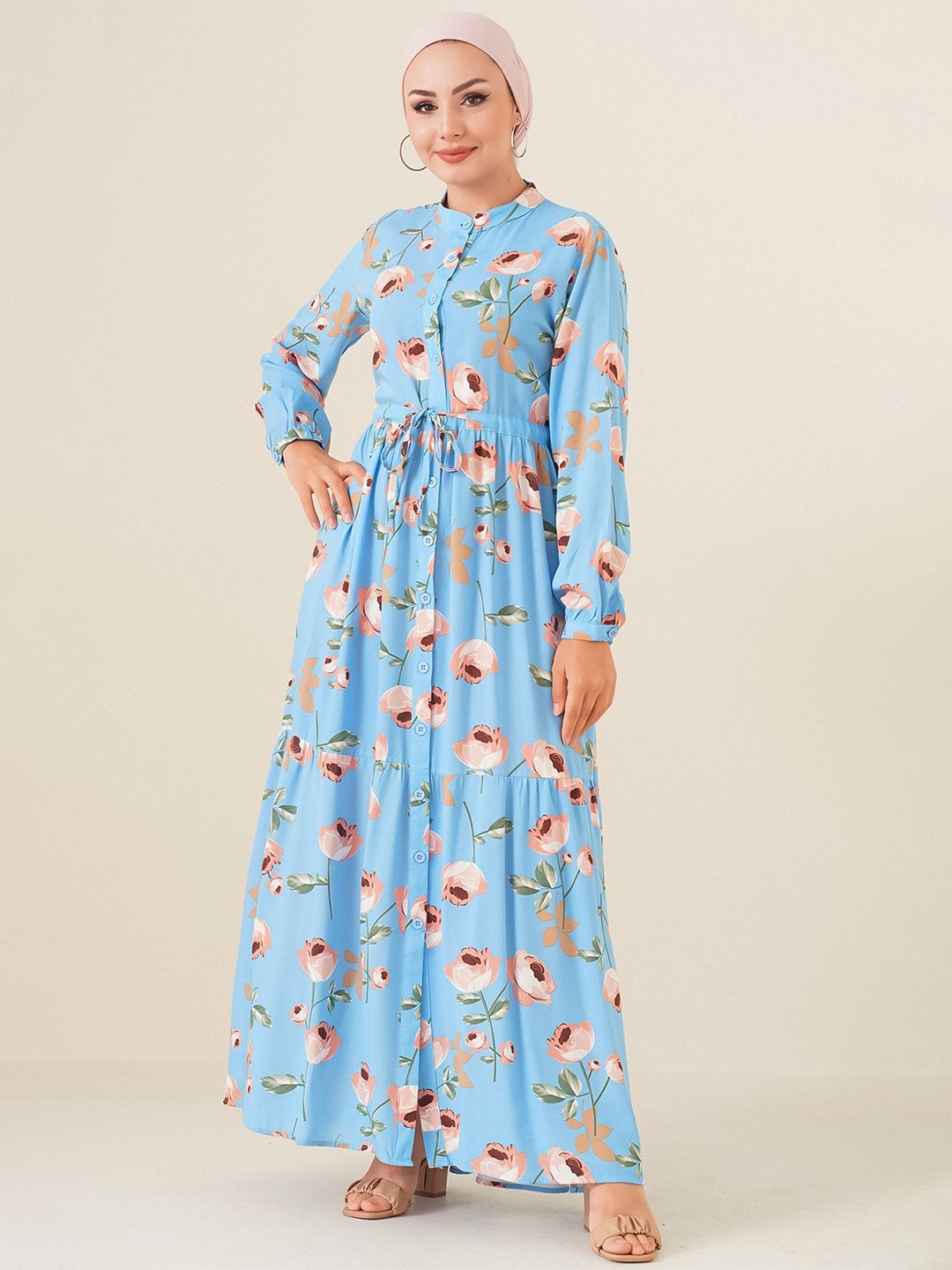 

BIGDART Floral Print Mandarin collar Maxi Dress, Na