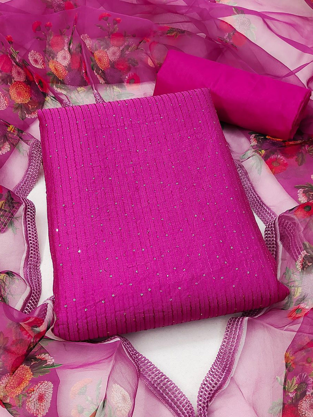 

JULEE Striped Embroidered Sequinned Unstitched Dress Material, Mauve