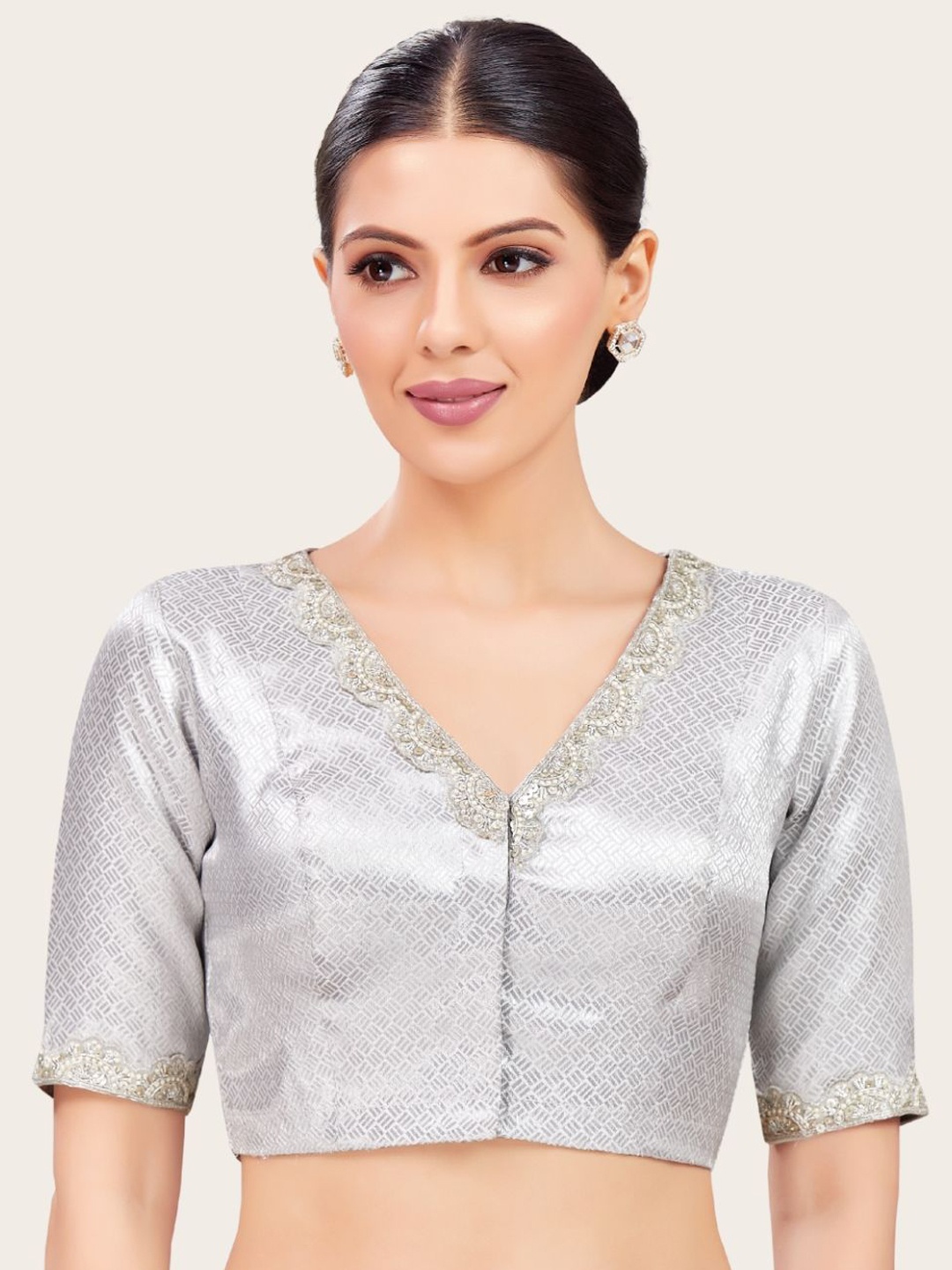 

Studio Shringaar Embroidered V-Neck Short Sleeves Saree Blouse, Silver