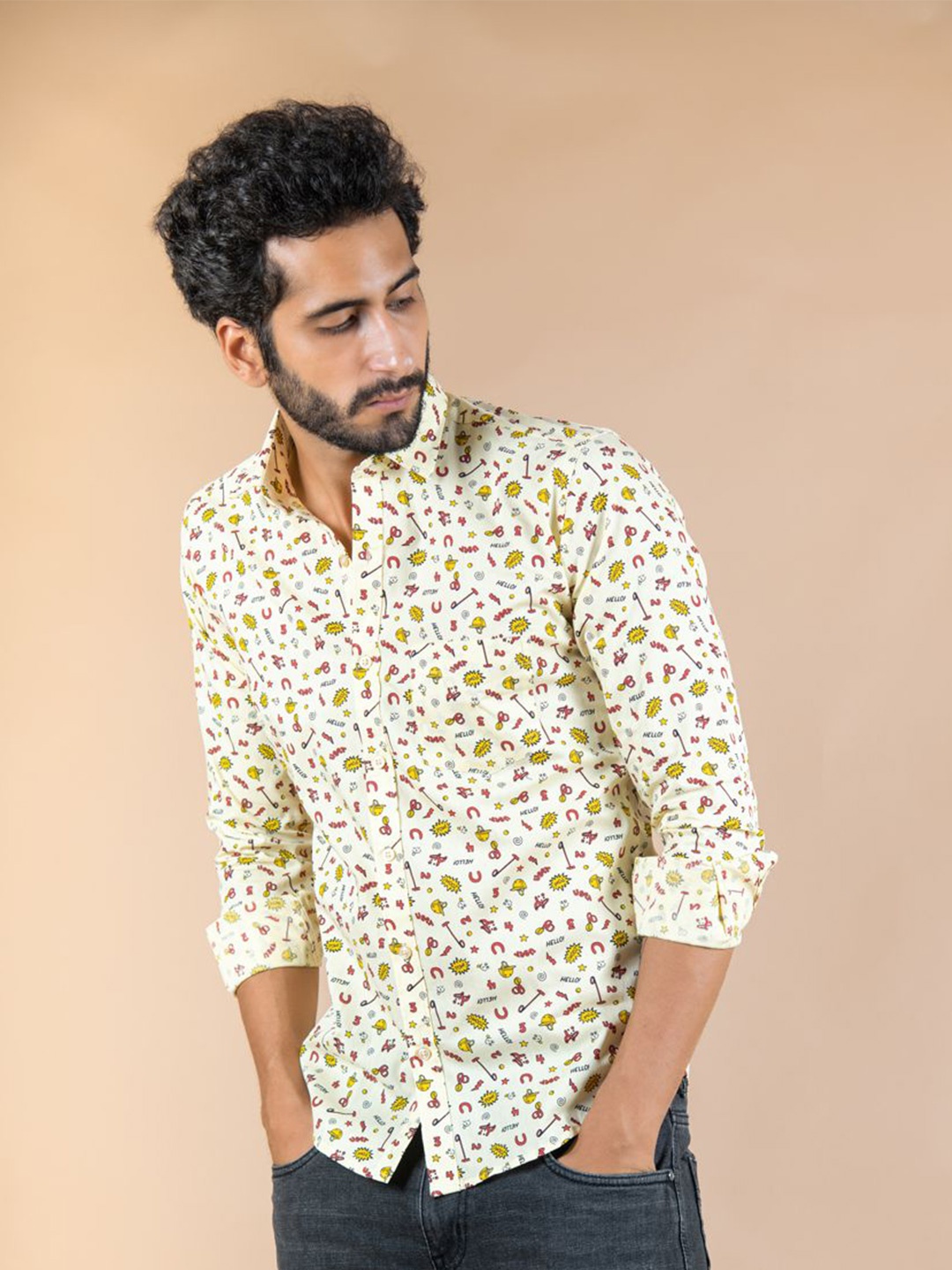 

Tistabene Men Standard Spread Collar Conversational Printed Cotton Casual Shirt, Yellow