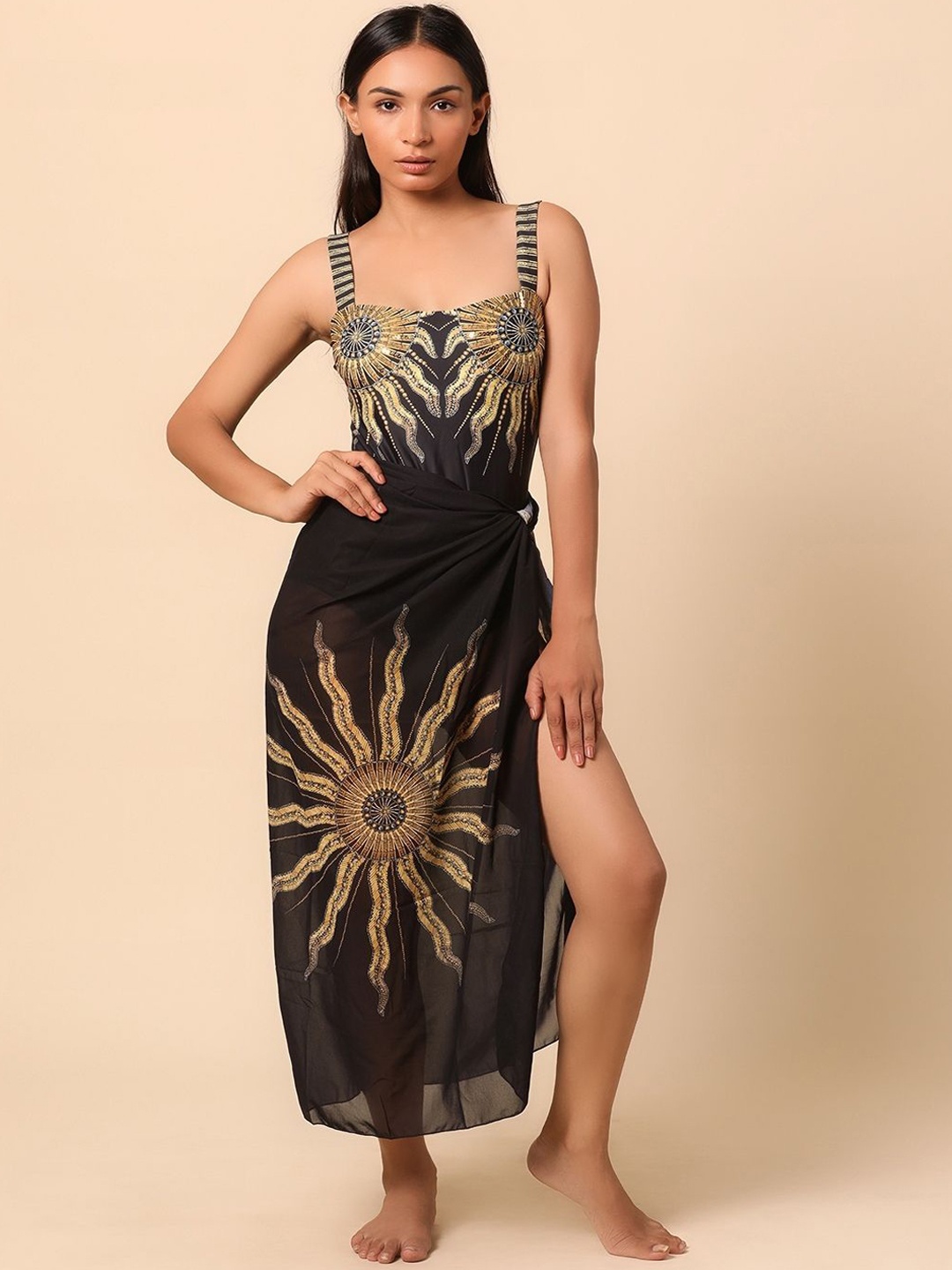 

WomanLikeU Caribbean Charm Sequinned Monokini With Sarong, Black