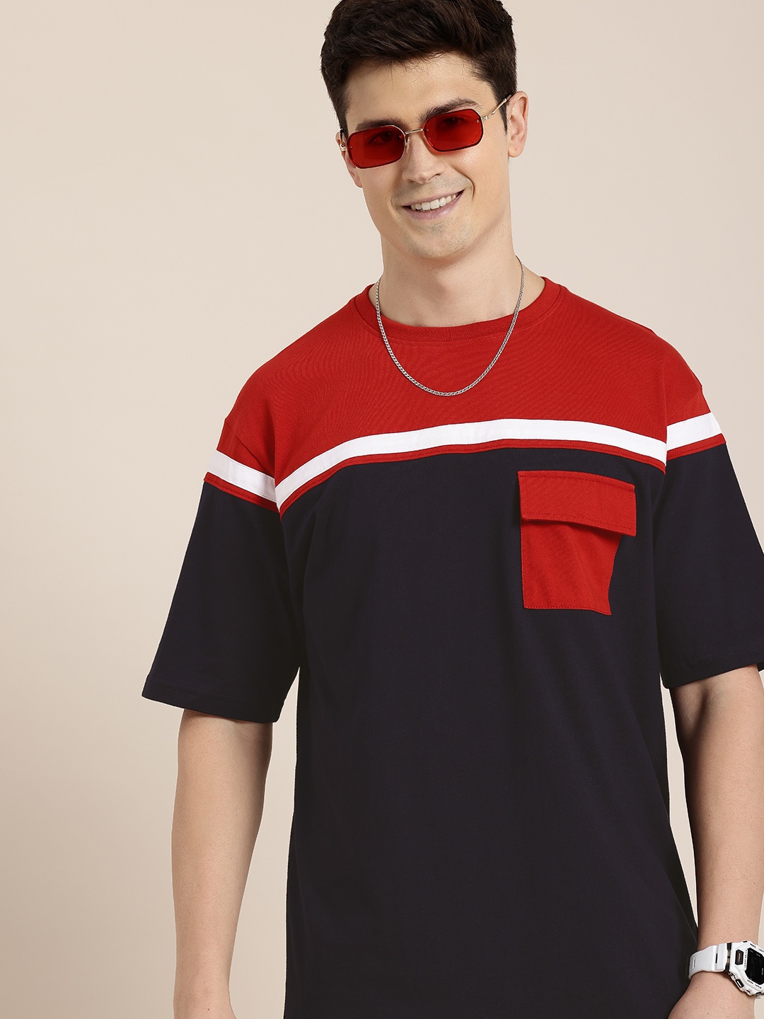

HERE&NOW Colourblocked Drop-Shoulder Sleeves Pure Cotton Boxy T-shirt, Navy blue