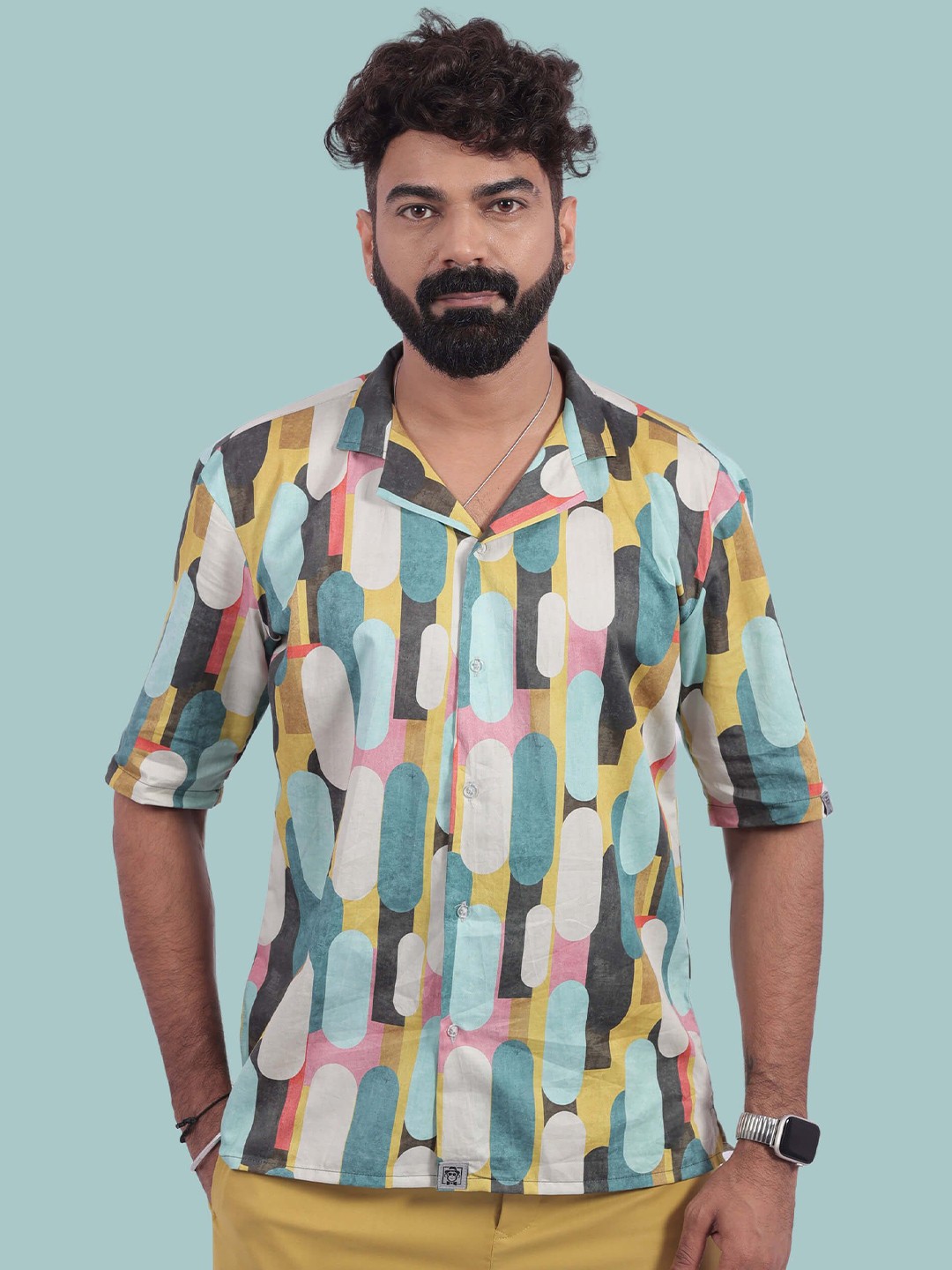 

STITCH MONKEY Men Comfort Cuban Collar Abstract Printed Oversized Casual Shirt, Yellow
