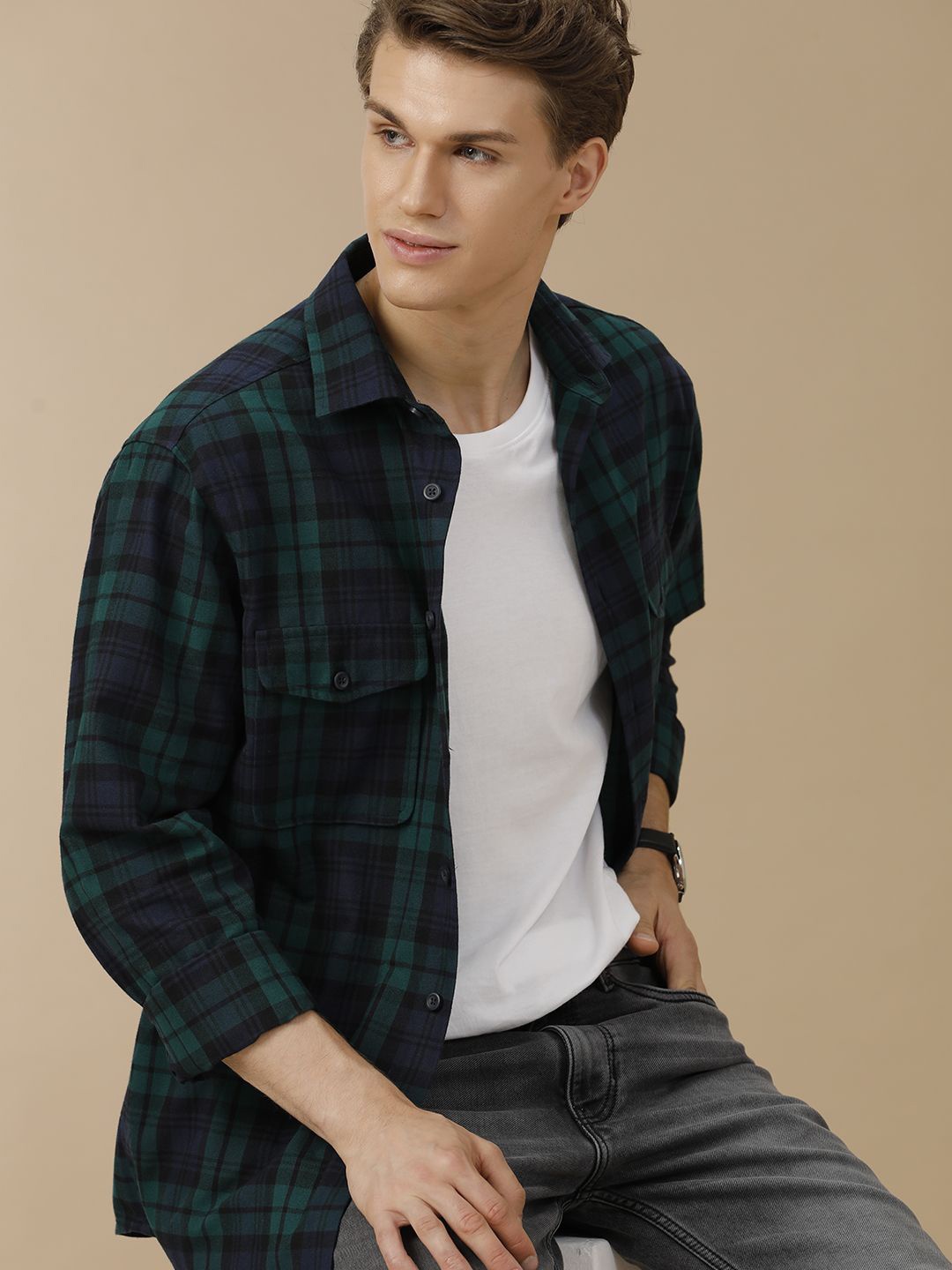 

Aldeno Men Comfort Cutaway Collar Gingham Checked Cotton Casual Shirt, Green
