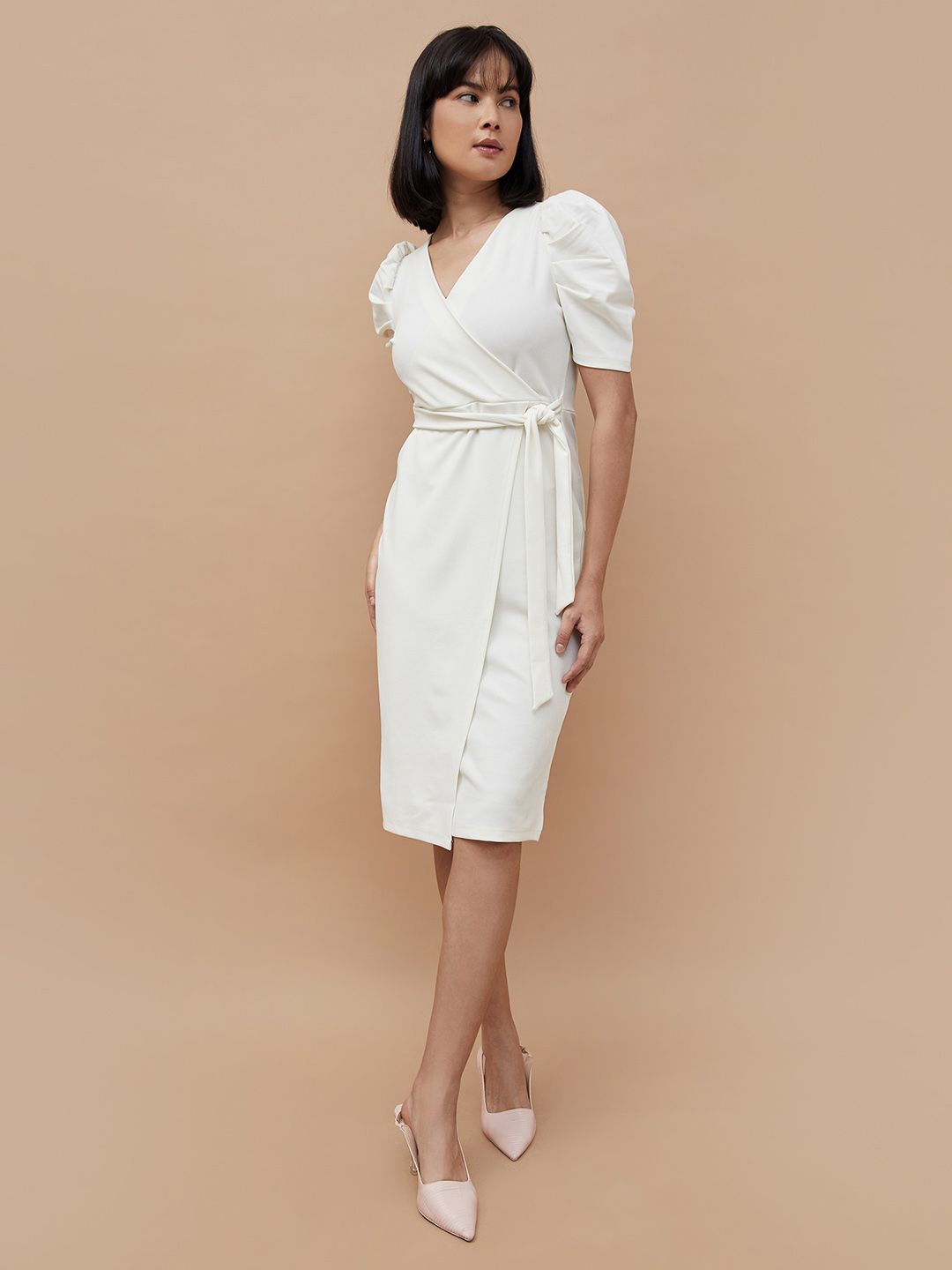 

CODE by Lifestyle Women Solid With Tie-Ups Detail Wrap Dress, Off white