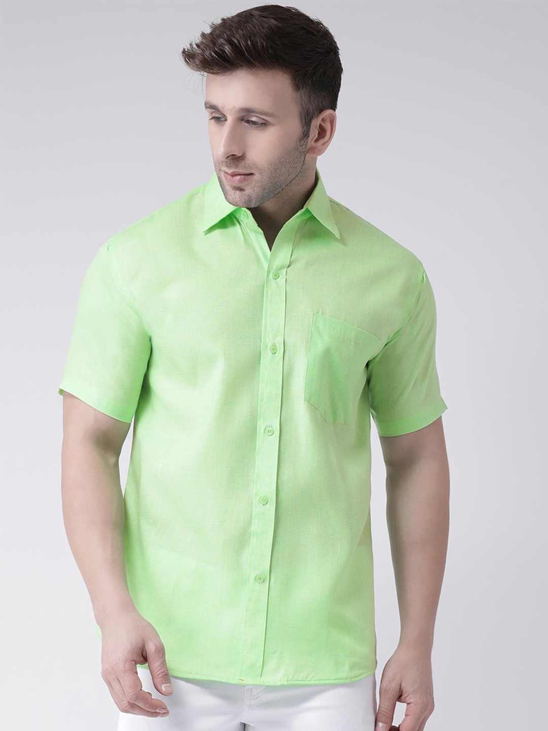 

KLOSET BY RIAG Men Classic Spread Collar Solid Cotton Linen Casual Shirt, Green