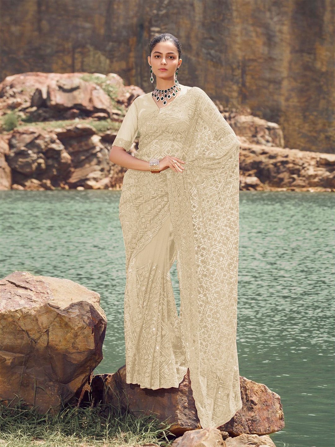 

ODETTE Embroidered Sequinned Net Saree, Cream