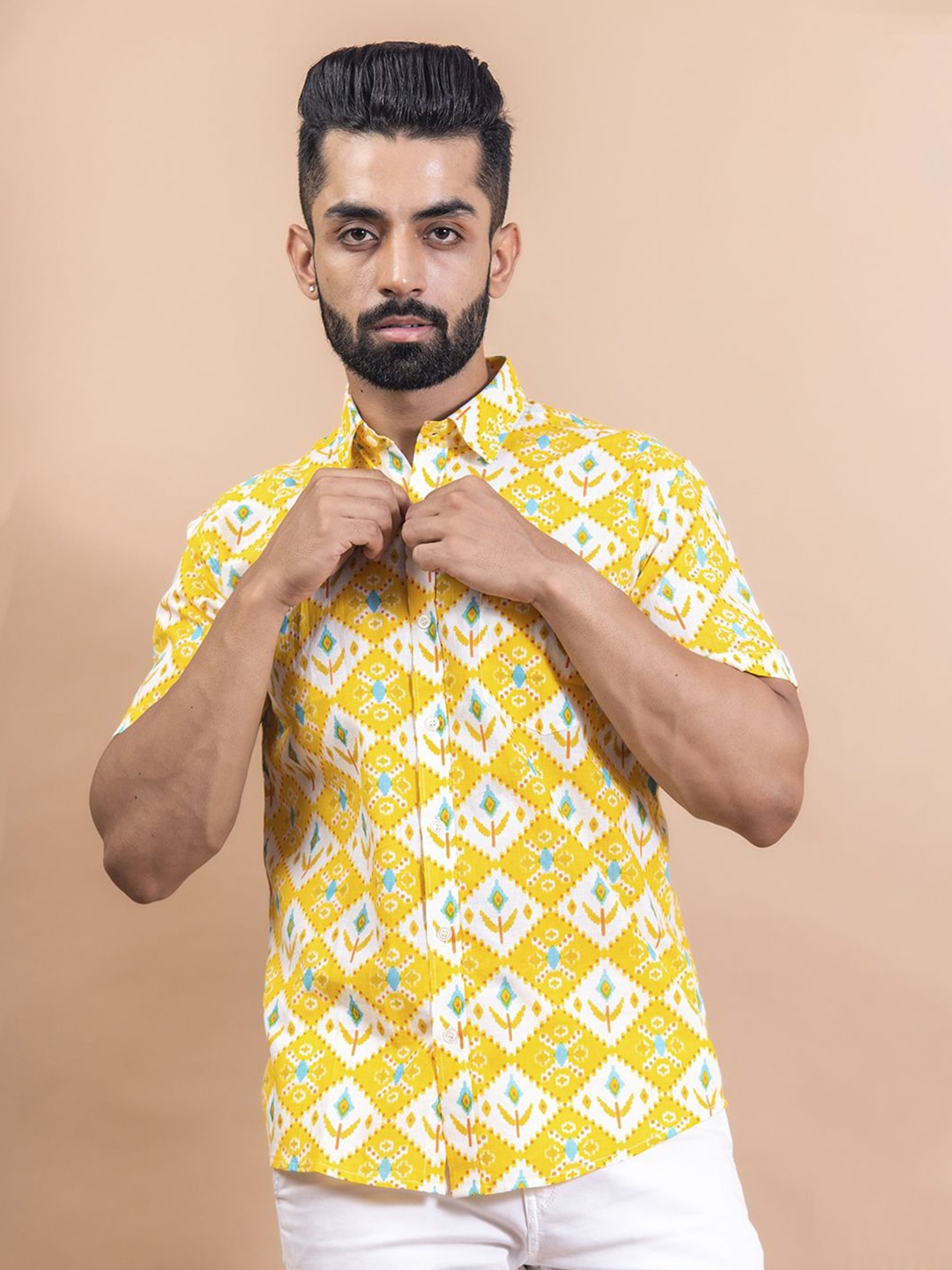 

Tistabene Men Standard Spread Collar Conversational Printed Cotton Casual Shirt, Yellow