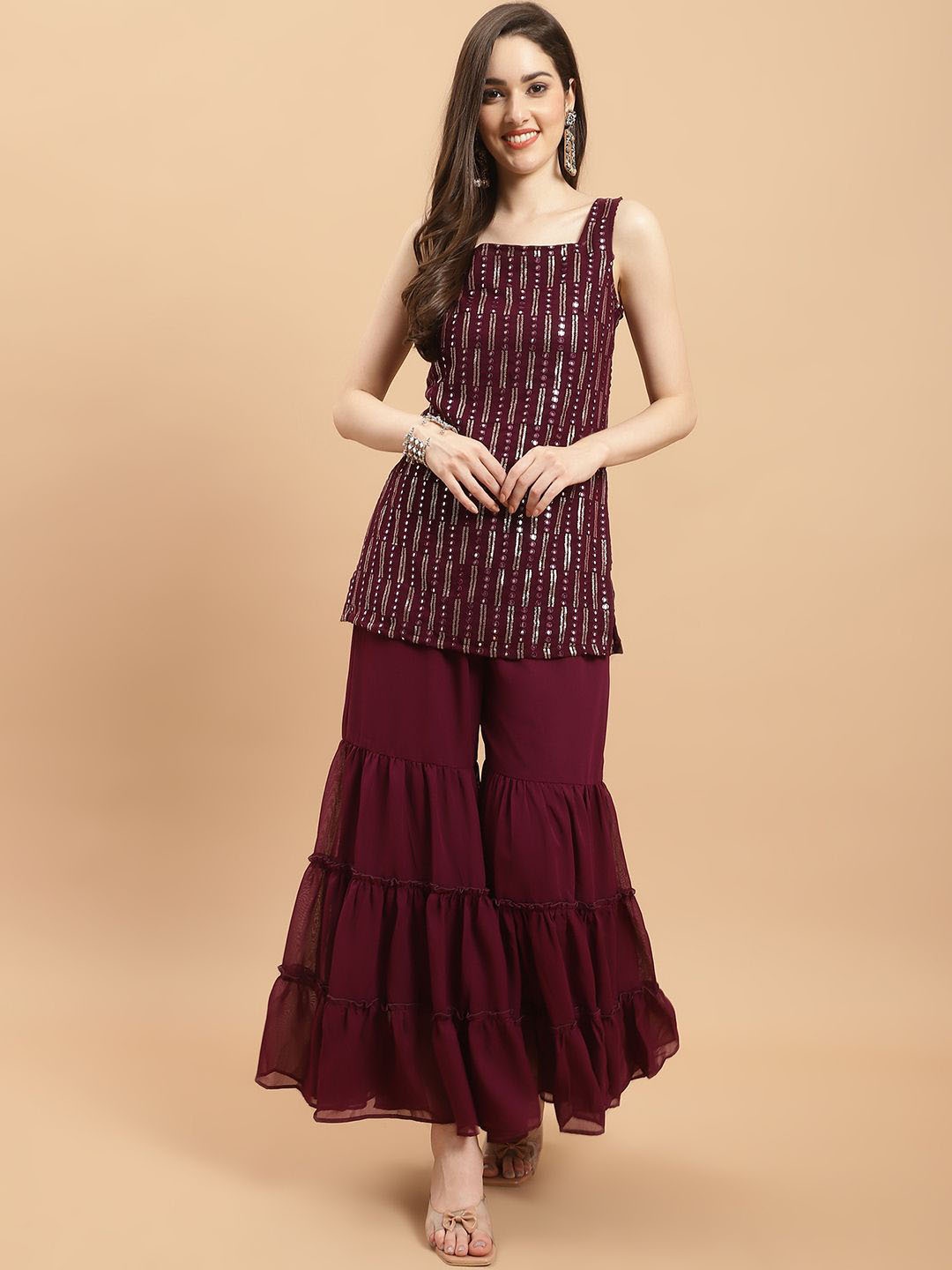 

Purple State Geometric Embroidered Sequined Straight Kurti & Sharara With Dupatta, Burgundy