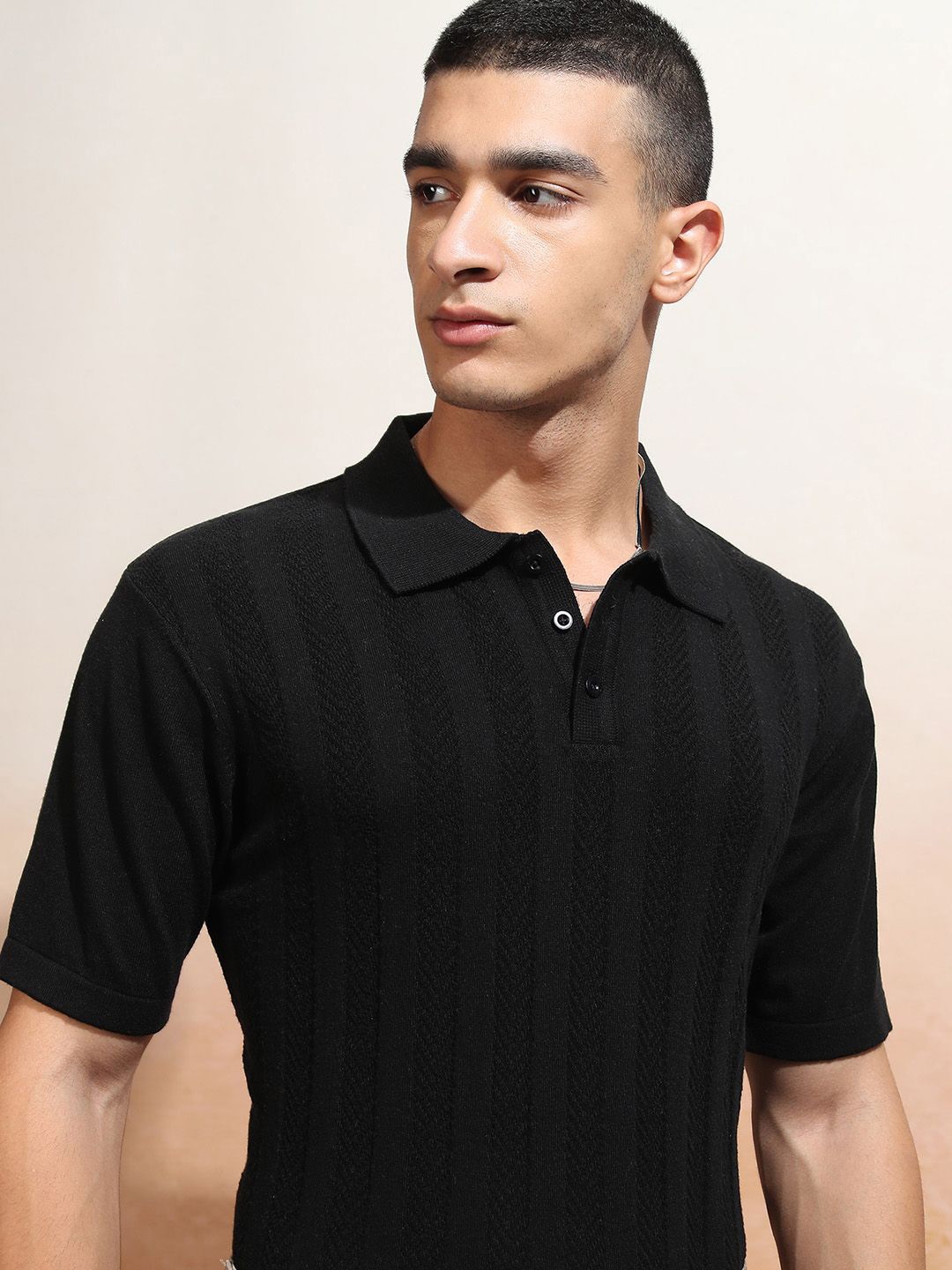 

Highlander Men Relaxed Fit Textured Half Sleeve Knitted T-shirt, Black