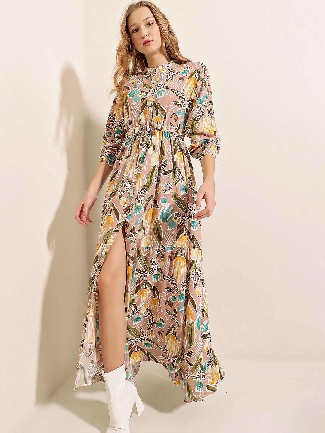 

BIGDART Floral Print Mandarin Collar Neck Maxi Dress, Na