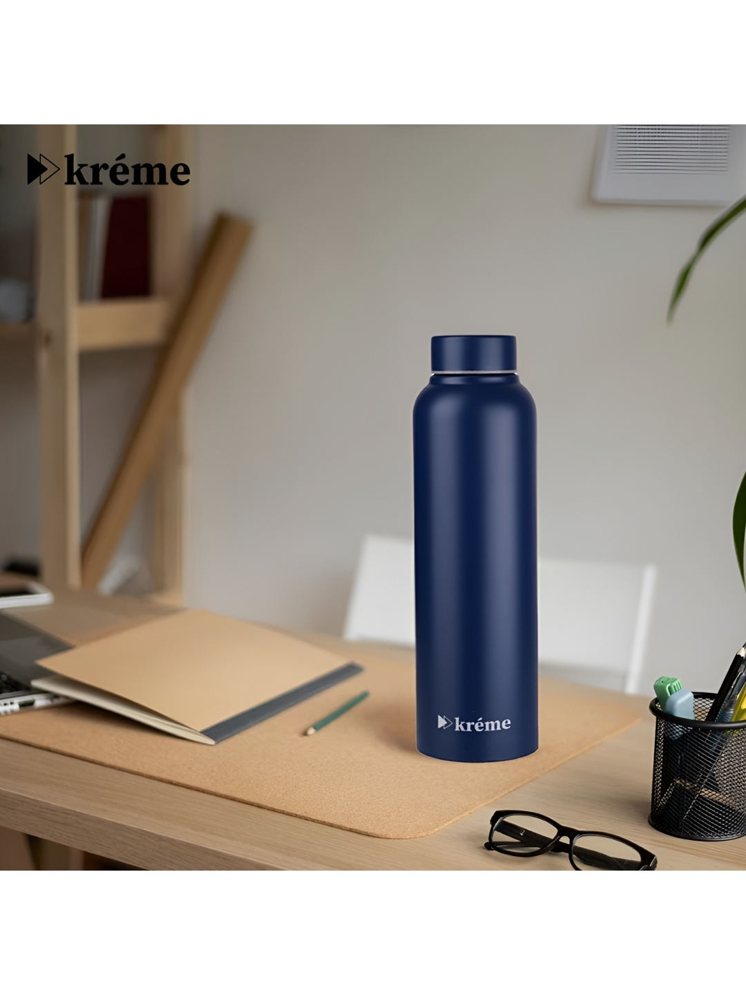 

Kreme Blue & White Brand Logo Stainless Steel Single Wall Vacuum Water Bottle 1ltrl
