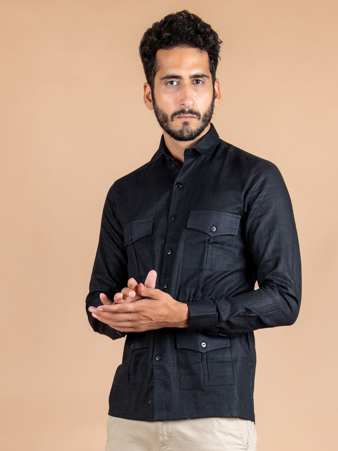 

Tistabene Men Standard Spread Collar Solid Linen Casual Shirt, Black