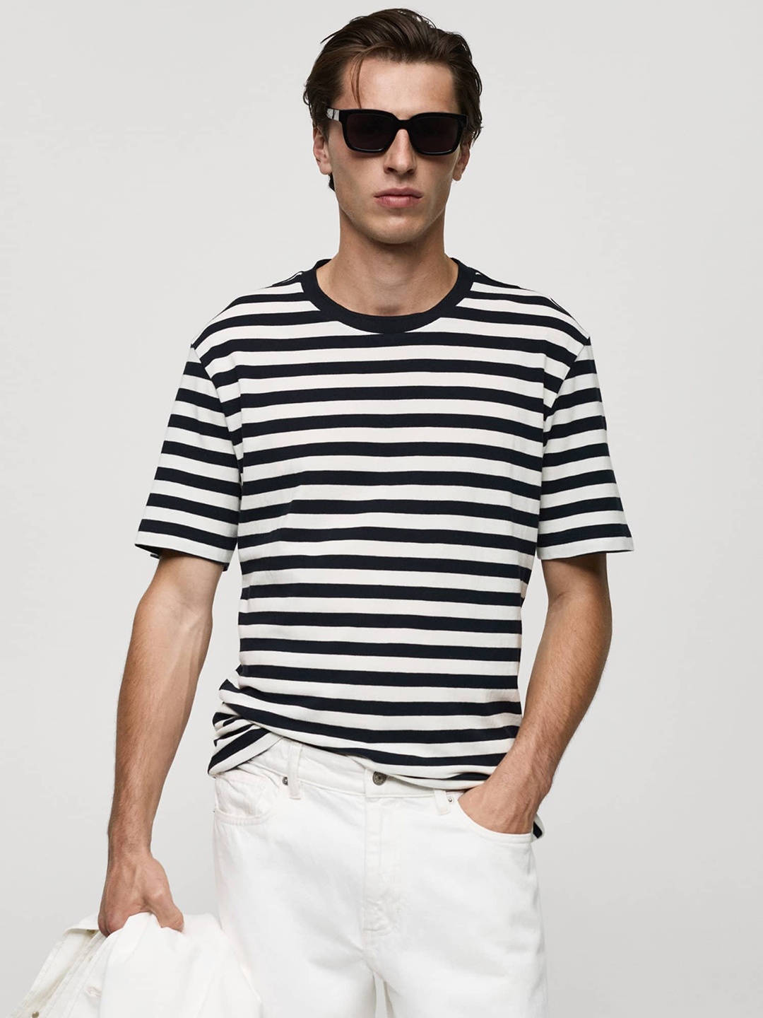 

MANGO MAN Striped Pure Cotton T-shirt, Navy blue