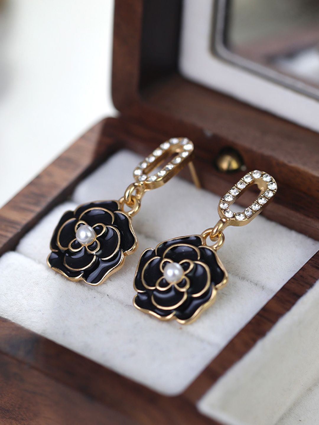 

KRENOZ Gold-Plated Artificial Stones Studded Floral Drop Earrings, Black