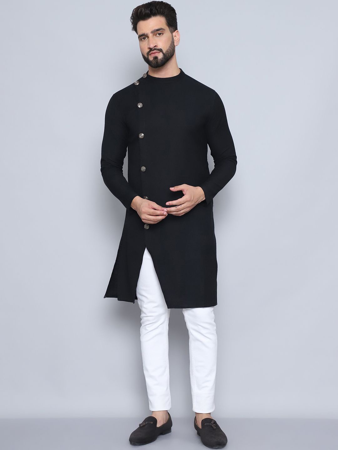 

even Band Collar Pure Cotton Straight Kurta, Black