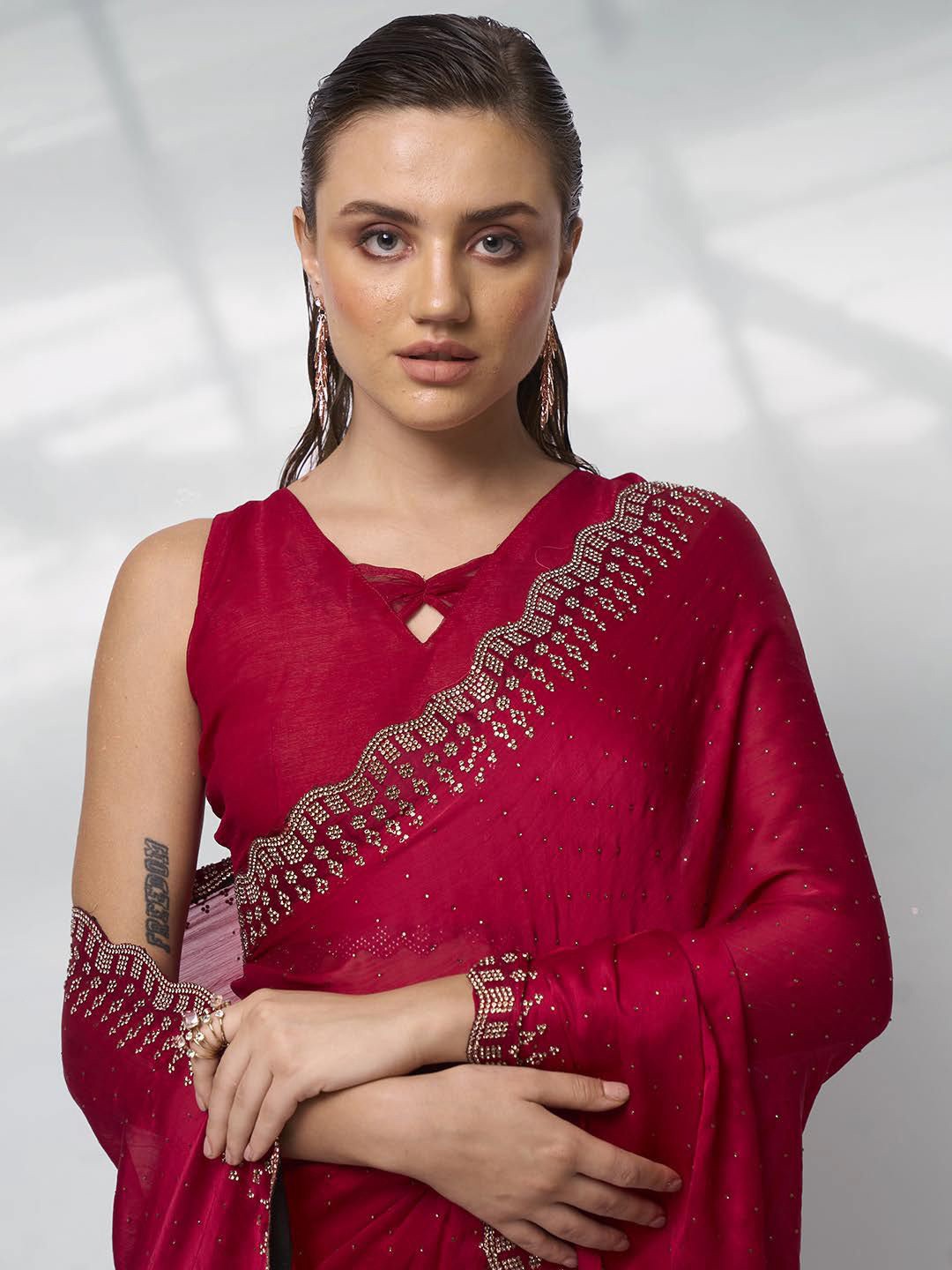

Mitera Embellished Satin Saree, Red