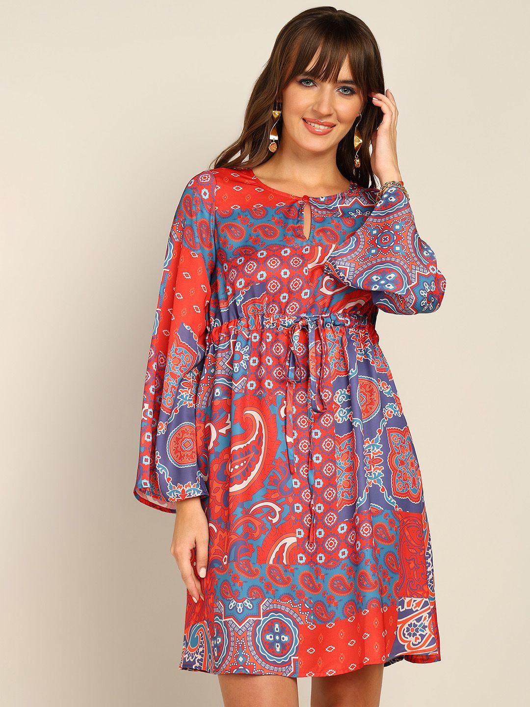 

Murcia Ethnic Motifs Printed Tie-Ups Detail Fit & Flare Dress, Red