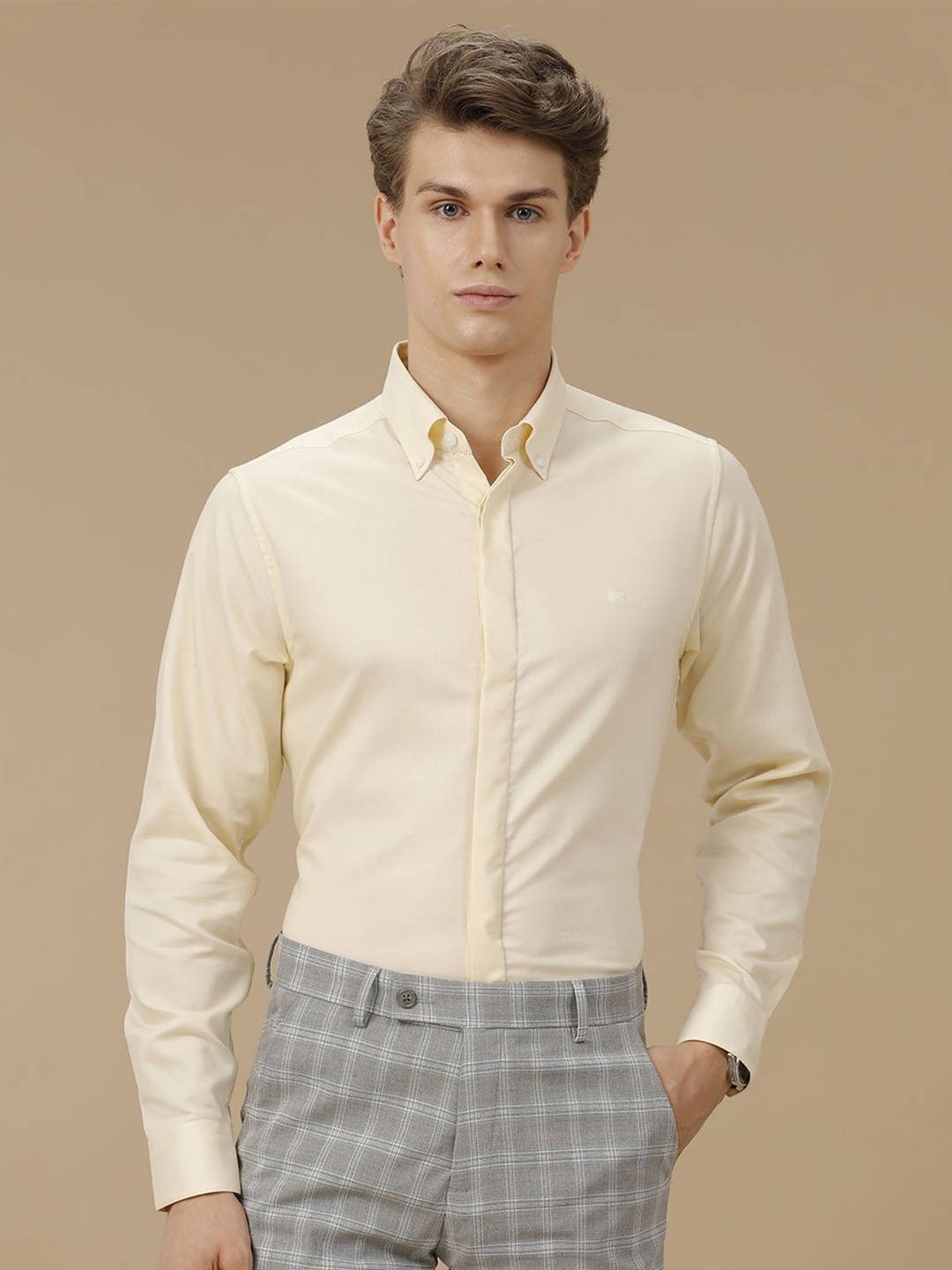 

Aldeno Men Comfort Button-Down Collar Solid Cotton Formal Shirt, Yellow