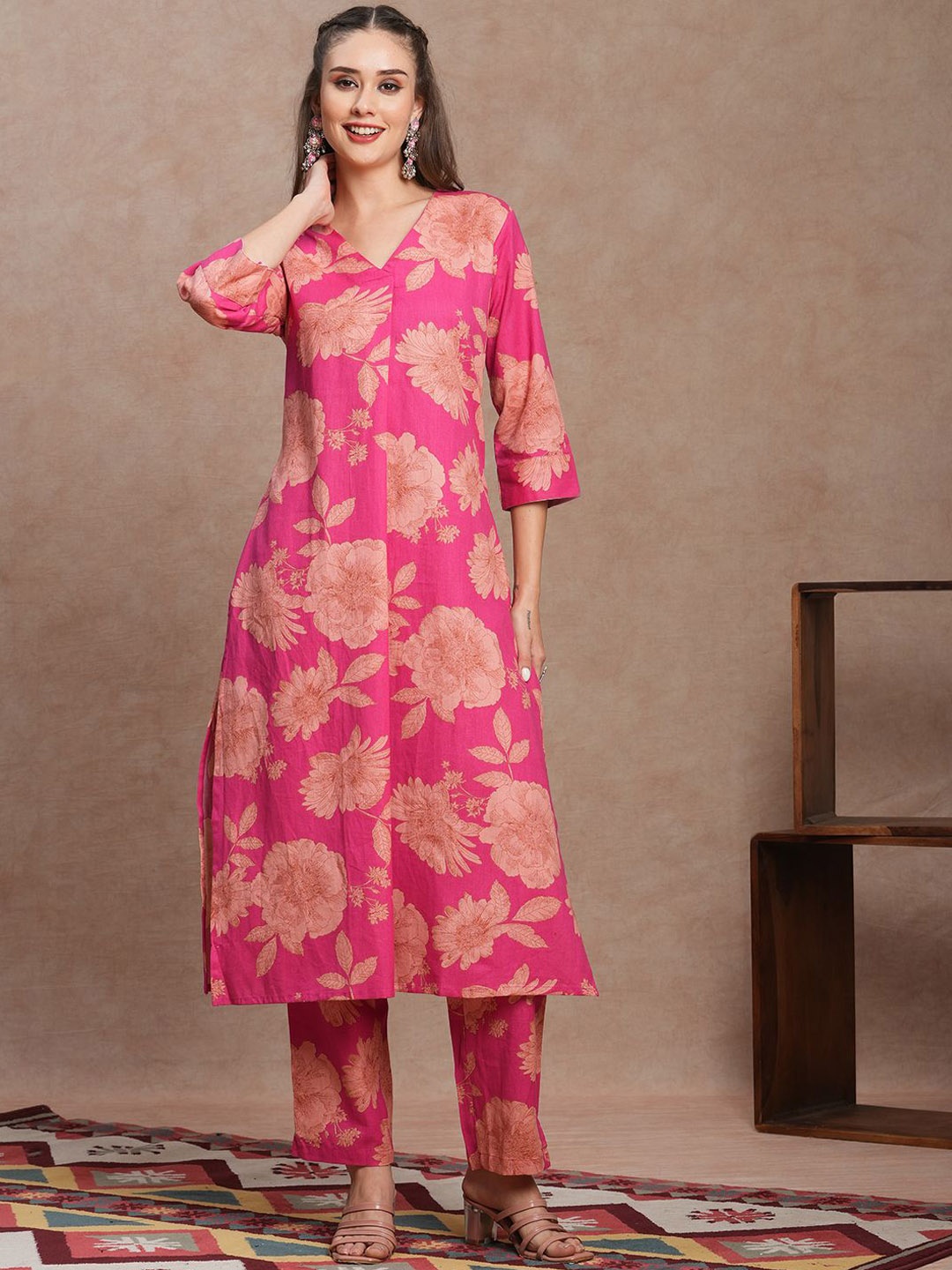

FASHOR Floral Printed V-Neck A-Line Tunic With Trouser, Pink