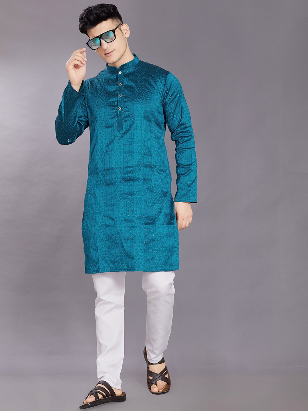 

DIVISIVE Geometric Woven Design Mandarin Collar Sequins Jacquard Straight Kurta, Teal