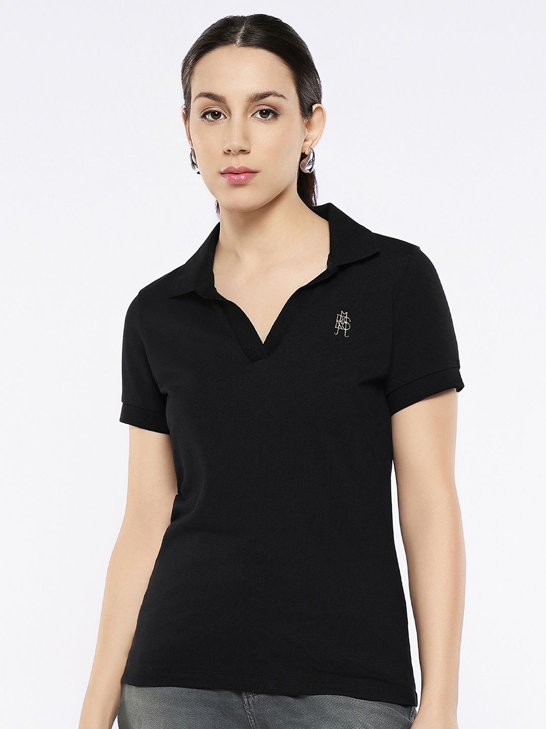 

RAREISM Women Polo Collar Pockets T-shirt, Black