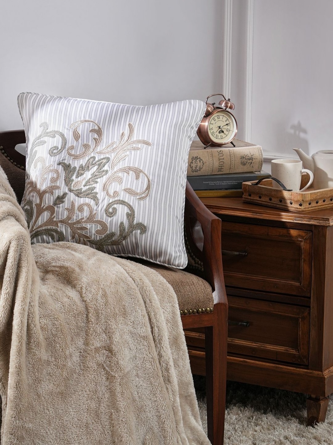 

MASPAR Acanthus Serenity Beige & Green Floral Embroidered Square Cushion Covers