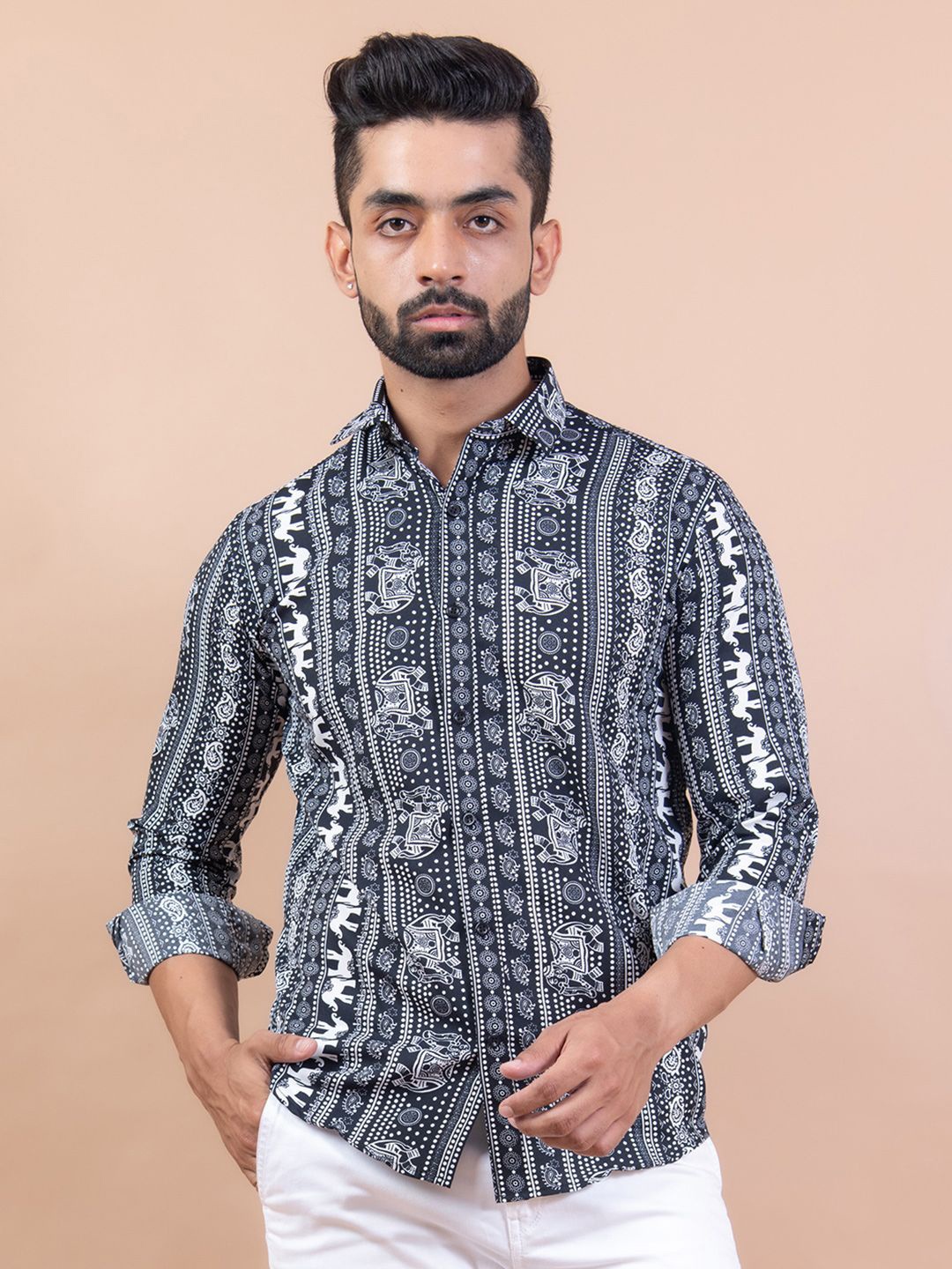 

Tistabene Men Standard Spread Collar Abstract Printed Cotton Casual Shirt, Black